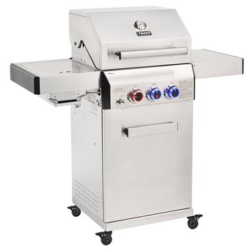 TAINO Gasgrill PLATINUM 2+1, Set, Gasgrill mit Abdeckhaube, Gasdruckminderer und Gasschlauch, Piezozündung, Seitenbrenner, Warmhalterost, doppelwandiger Deckel