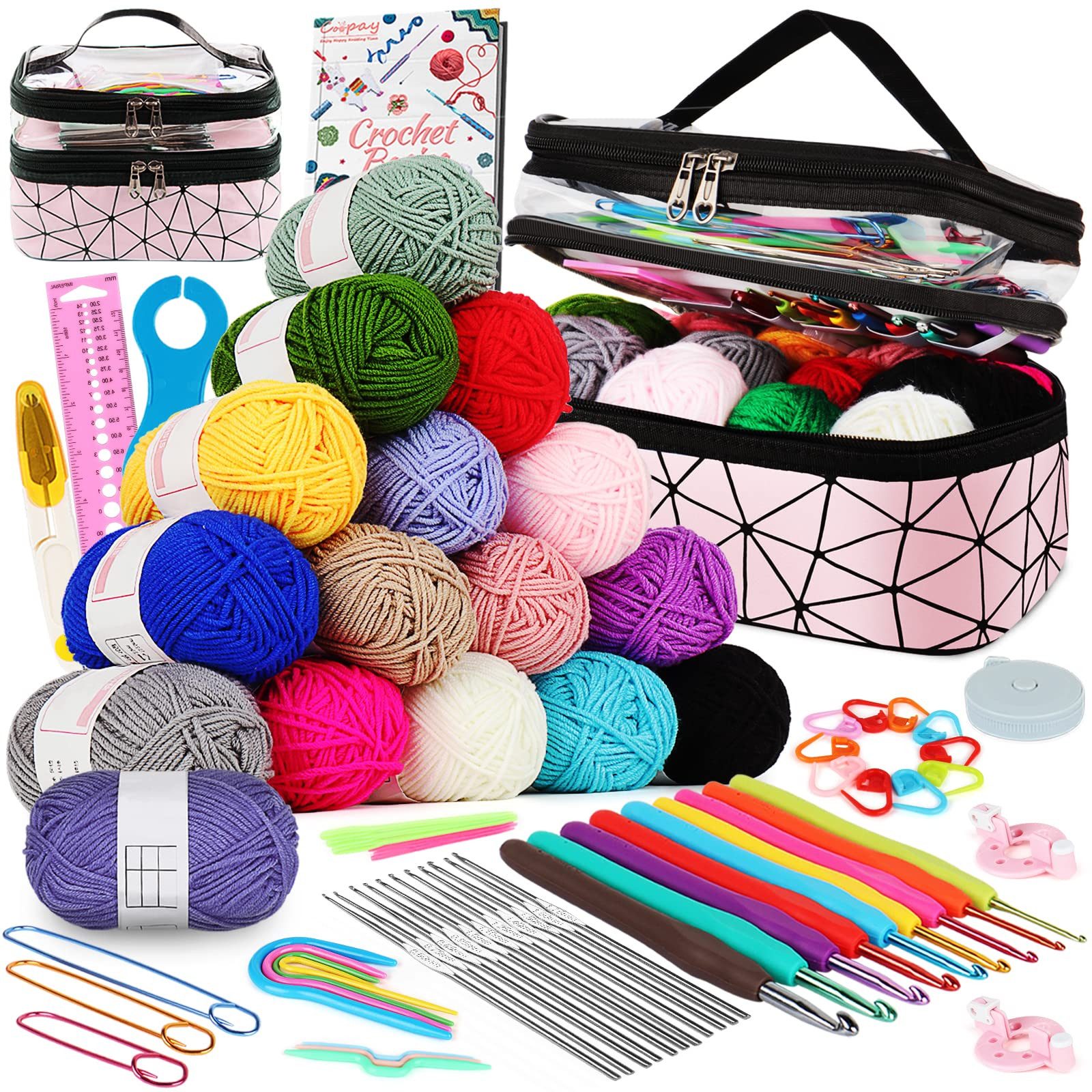RWEUOQ Häkelnadeln Häkelset für Anfänger 71 Stück mit Tasche Wolle Häkelnadeln, mit Strickzubehör und Garn, Komplette Anfänger Häkelnadelsets Geschenke, Rosa