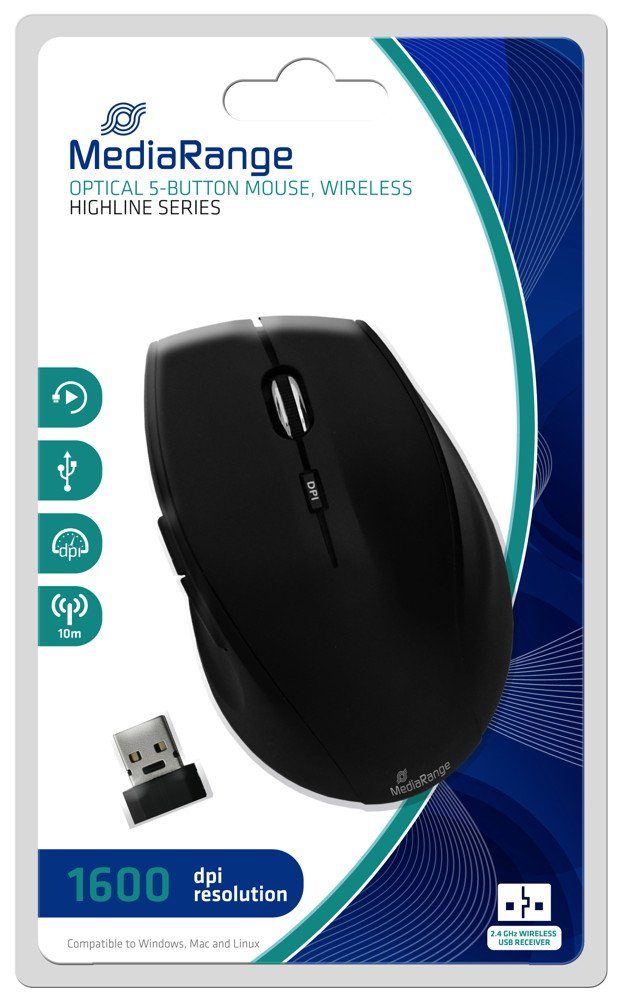 Mediarange Funk Maus highline optisch kabellos 5 Tasten 1600 dpi schwarz MROS208 Maus