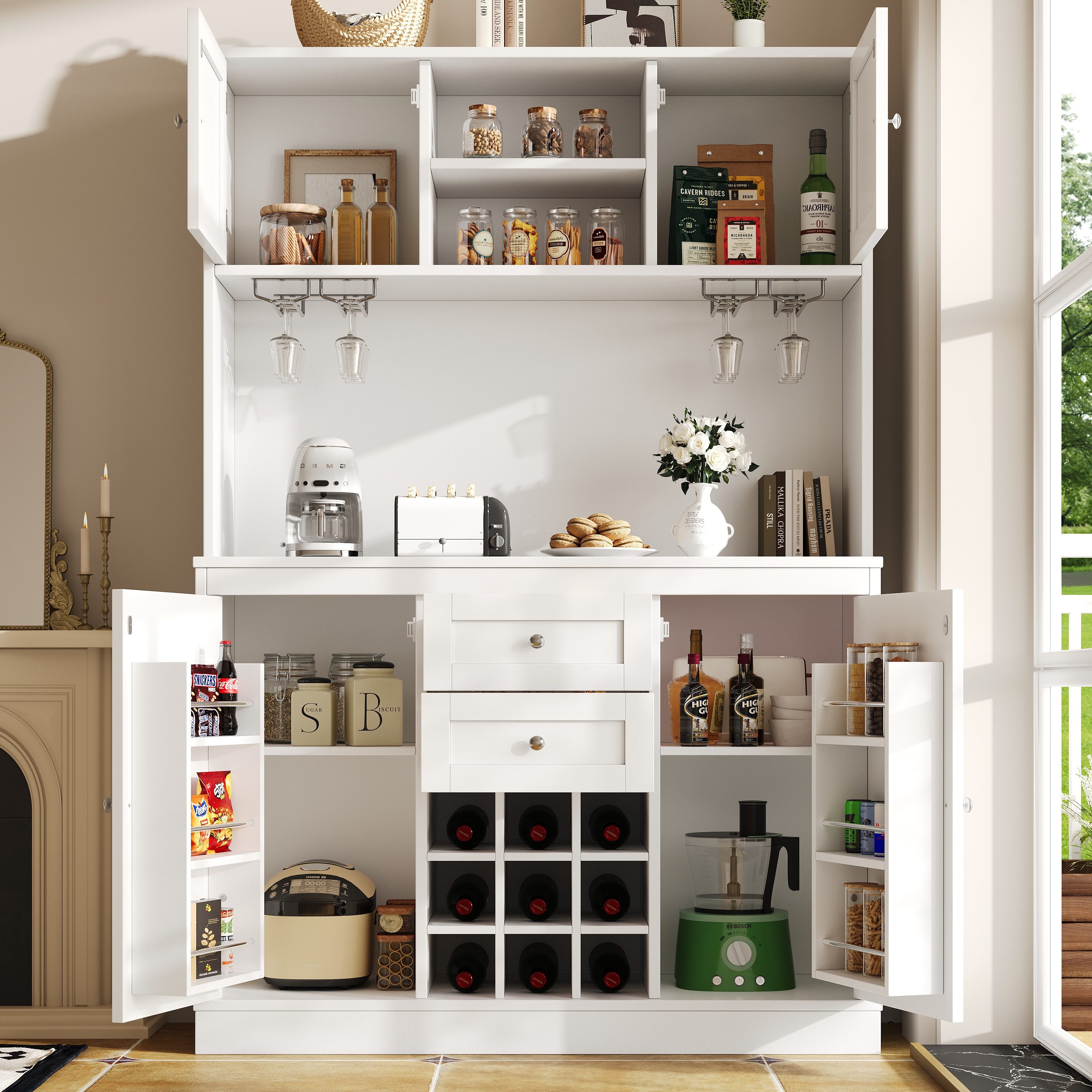 Odikalo Küchenbuffet Küchenschrank Buffetschrank Hochschrank (Küchenschrank mit verstellbaren Ablagen & Weinregal, Hochschrank Küchenbuffet mit 4 Türen & 2 Schubladen, Sideboard für Küche & Wohnzimmer, Buffetschrank, Schwarz / Weiß)