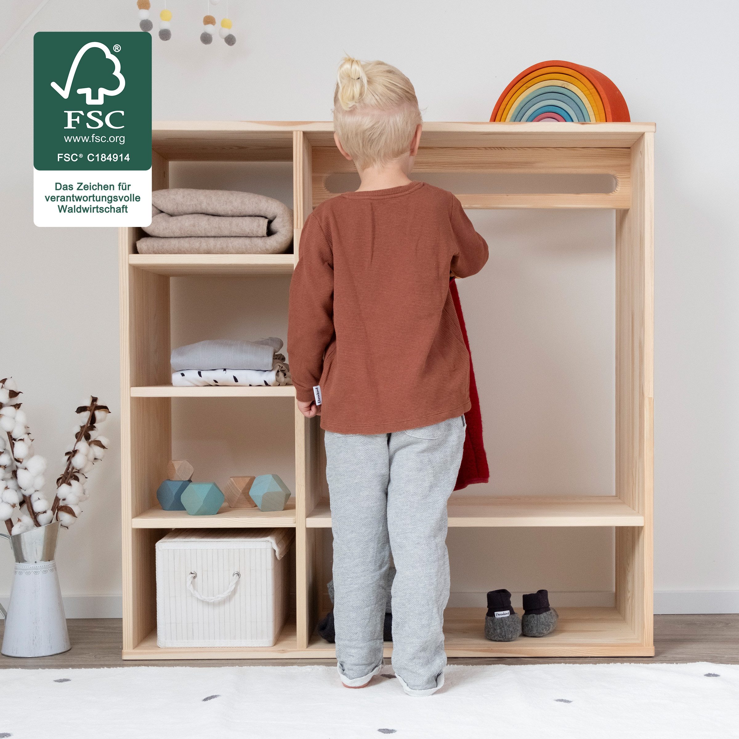 Ehrenkind Kinderkleiderschrank Montessori, Kiefer Natur, hochwertiges & robustes Holz (Kinderregal, Garderobenschrank) Kleiderschrank Kinderzimmer, Kindergarderobe