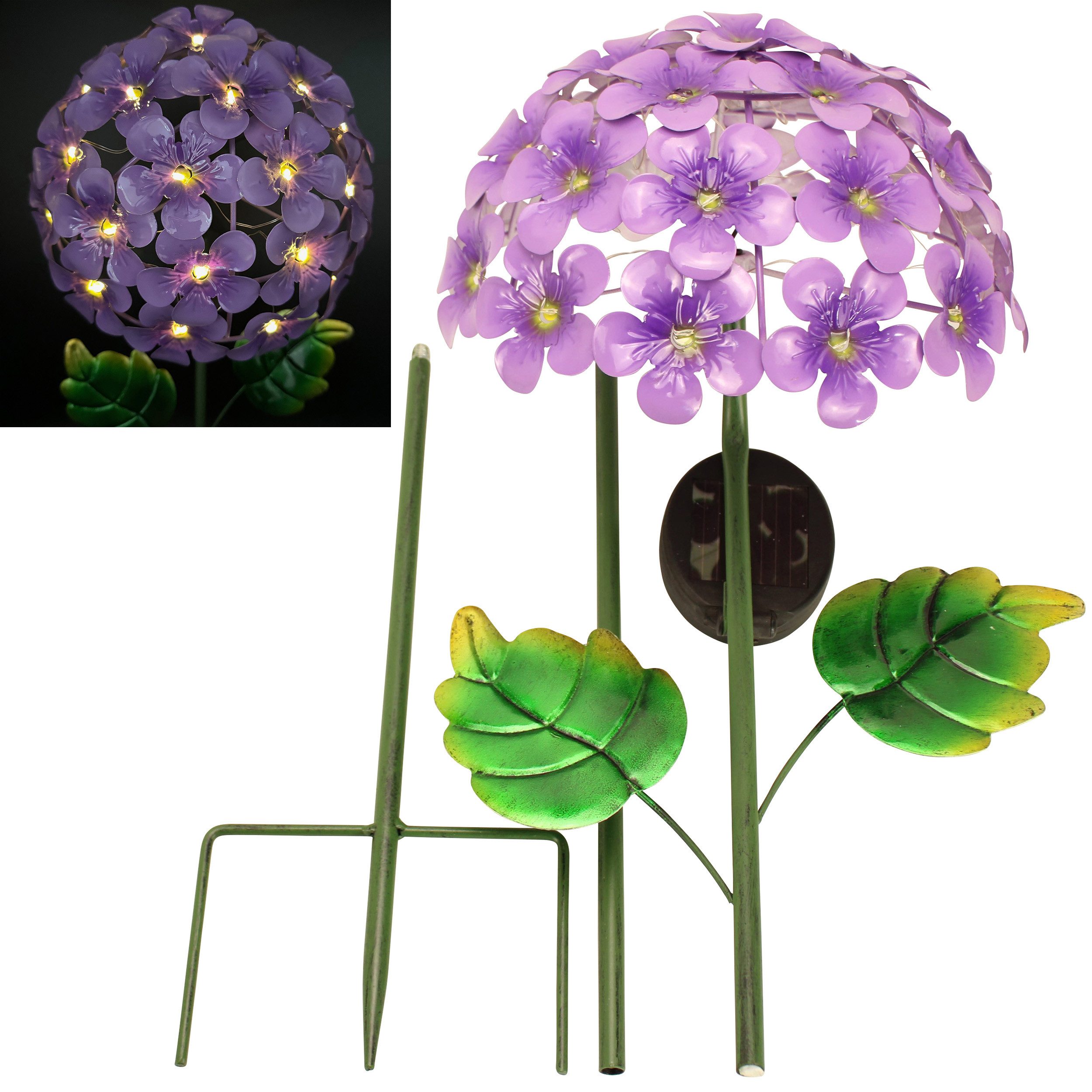 Online-Fuchs Gartenstecker Hortensien Blüte mit LED Solar Lichterkette aus Metall - (Deko für den Garten) 110 cm groß