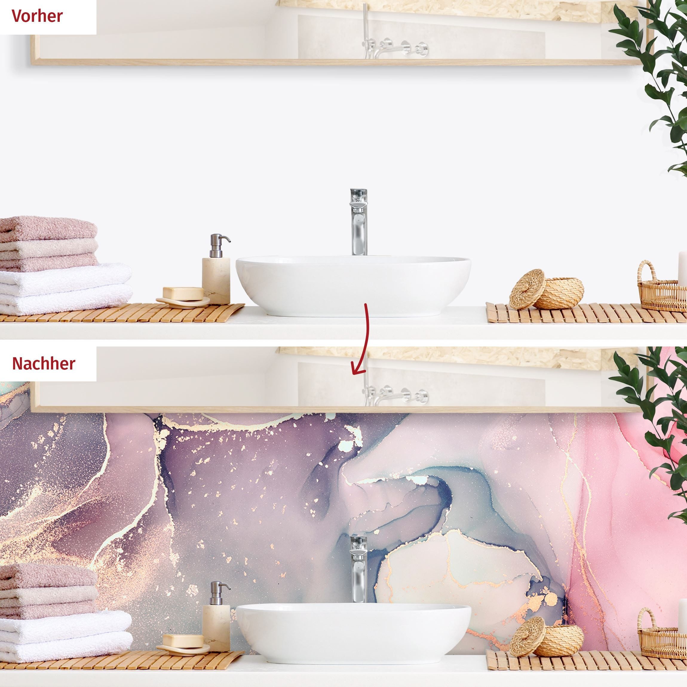 Bilderdepot24 Badrückwand pastell fugenlose Wandverkleidung Bad modern, (Hartfolie matt » Selbstklebend SMART 0,35 mm), wasserfestes Wandpaneel Aquarell Pastell Rosa Gold