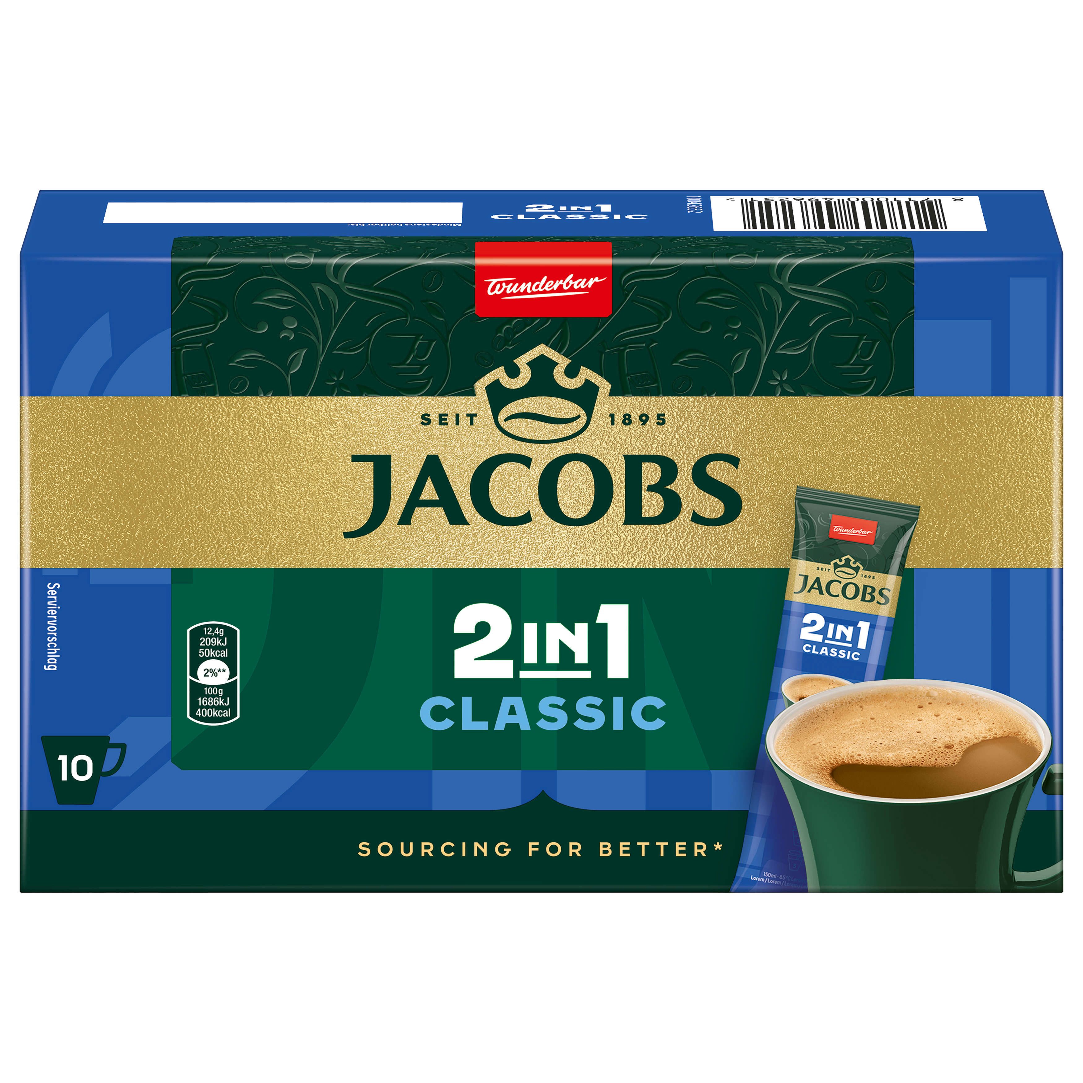 JACOBS Kaffee Löskaffee 2in1 Classic 12 x 10 Sticks löslicher Kaffee Instantkaffee, (Packung, 12er Pack)