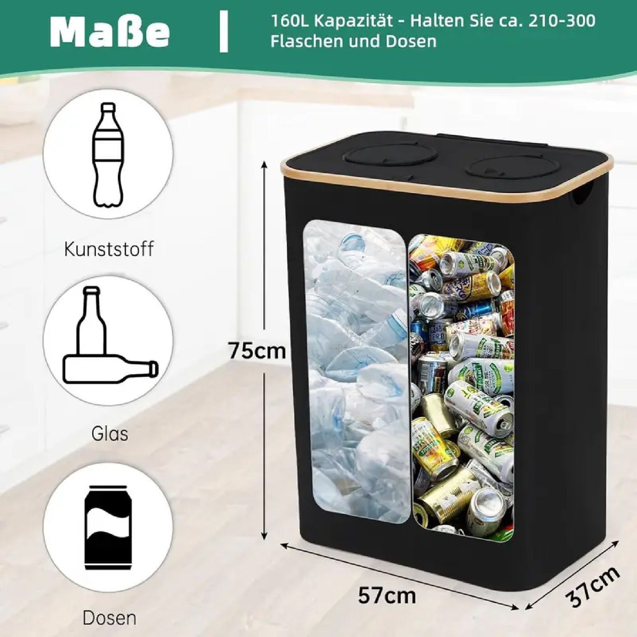 GarveeMore Mülltonnenbox 160L Pfandflaschen Aufbewahrung mit Deckel, inkl. 2 Innentaschen, Für Küche/Büro/Outdoor, Groß Behälter Leergut Flaschensammler