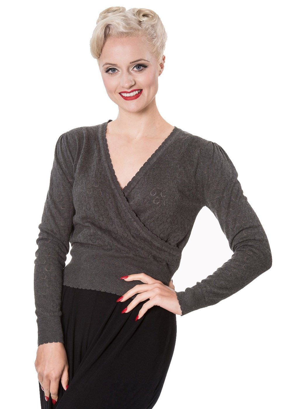 Banned Strickpullover Basic Instinct Grau Vintage Rockabilly Wickeltop günstig online kaufen