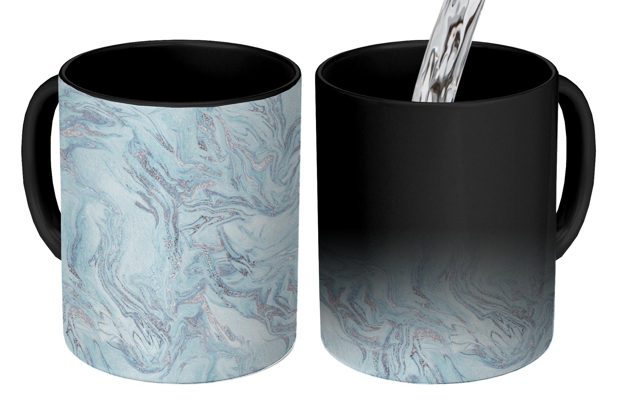 MuchoWow Tasse Silber - Blau Muster, Keramik, - Geschenk Marmor - Zaubertasse, Farbwechsel, Kaffeetassen, Teetasse
