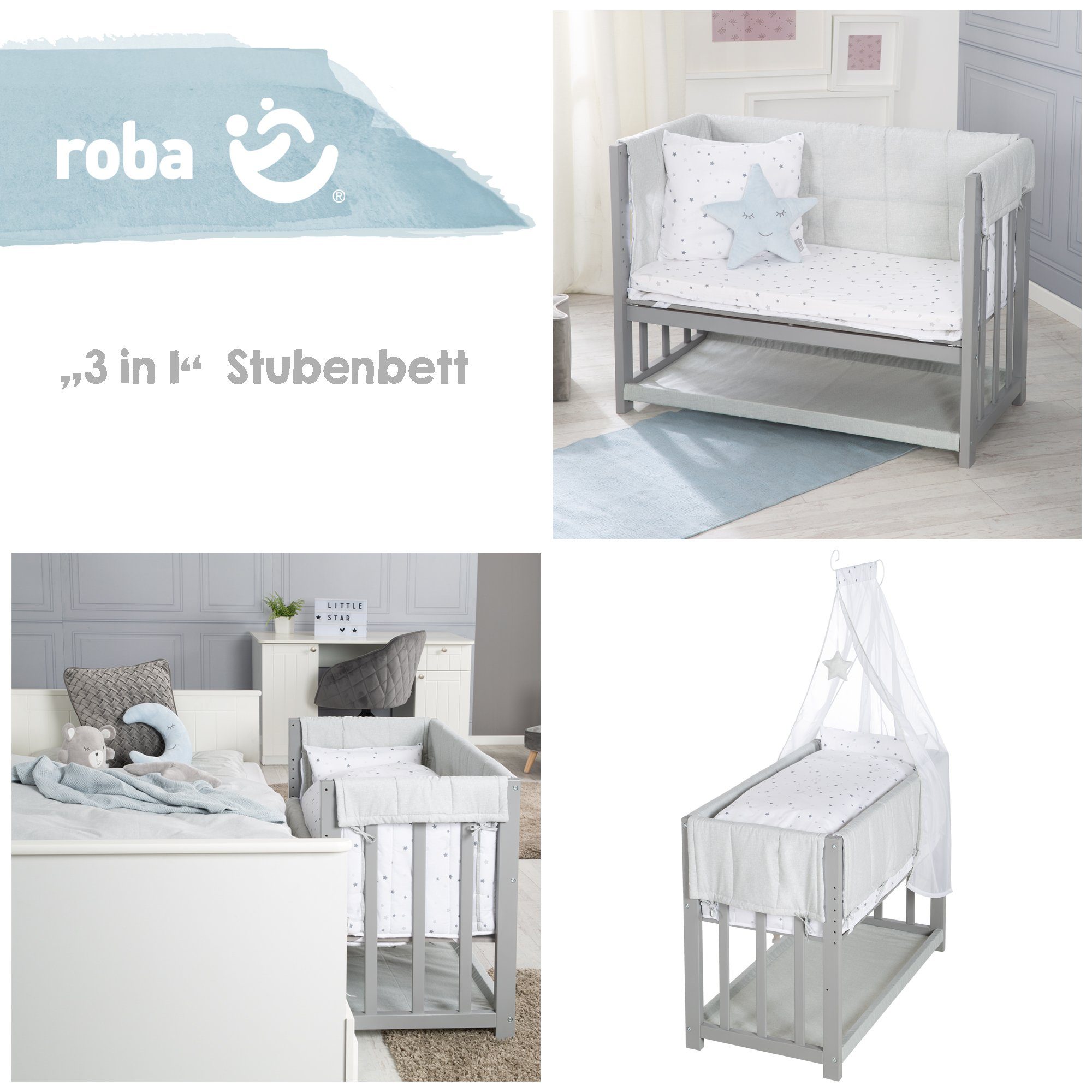 roba® Stubenbett / Stubenwagen, 3 in 1, Babybett grau, inkl. kompletten Bettzubehör
