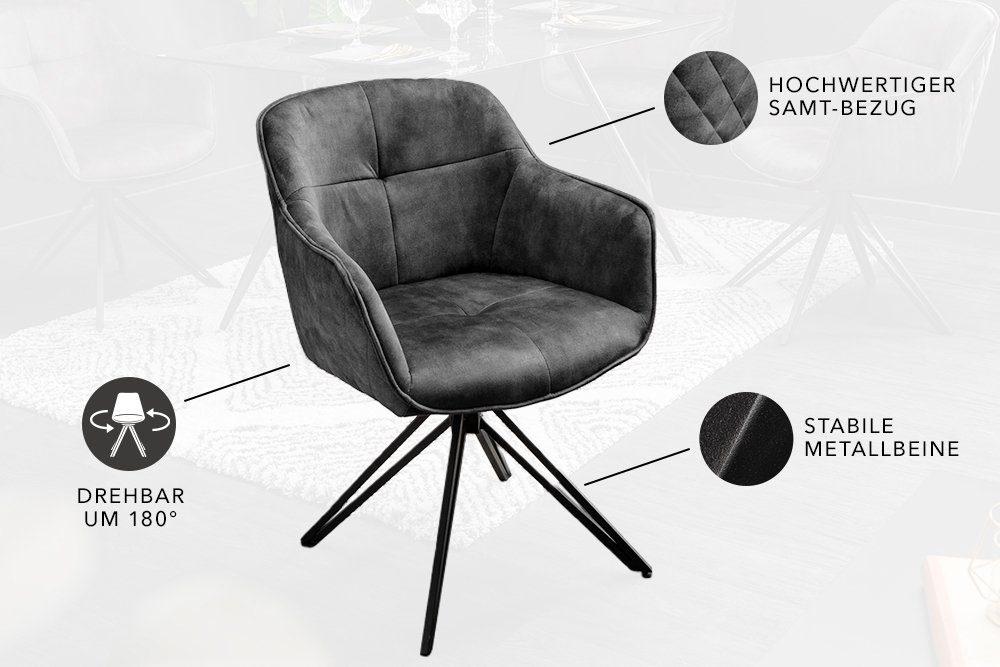 riess-ambiente Polsterstuhl EUPHORIA dunkelgrau/schwarz – Samt, drehbar, Metall-Füße, mit Armlehne (Einzelartikel, 1 St), mit 180° Drehfunktion und Autoreturn – – Bild 4 von 5