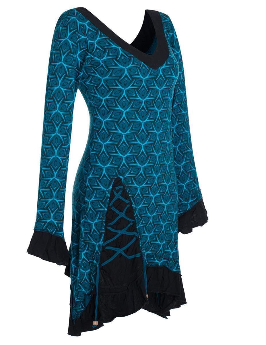 Vishes Zipfelkleid Langarm Kleid Bedruckt Asymmetrisch Rüschen Volant Elfen, Hippie, Festkleid türkis
