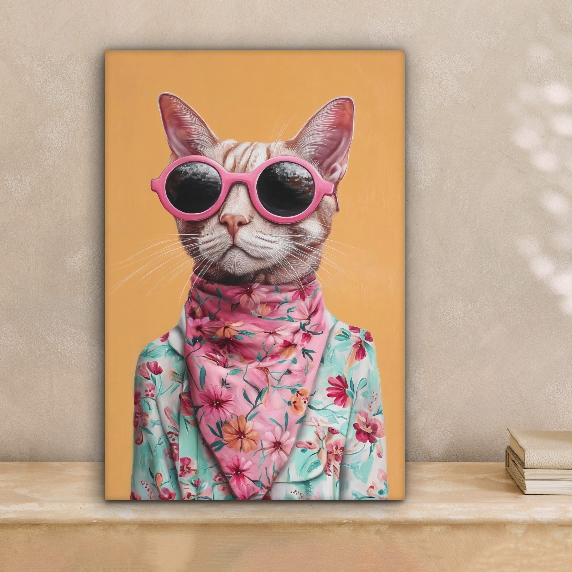 OneMillionCanvasses® Leinwandbild Sonnenbrille - Katze - Halstuch - Blumen, günstig online kaufen