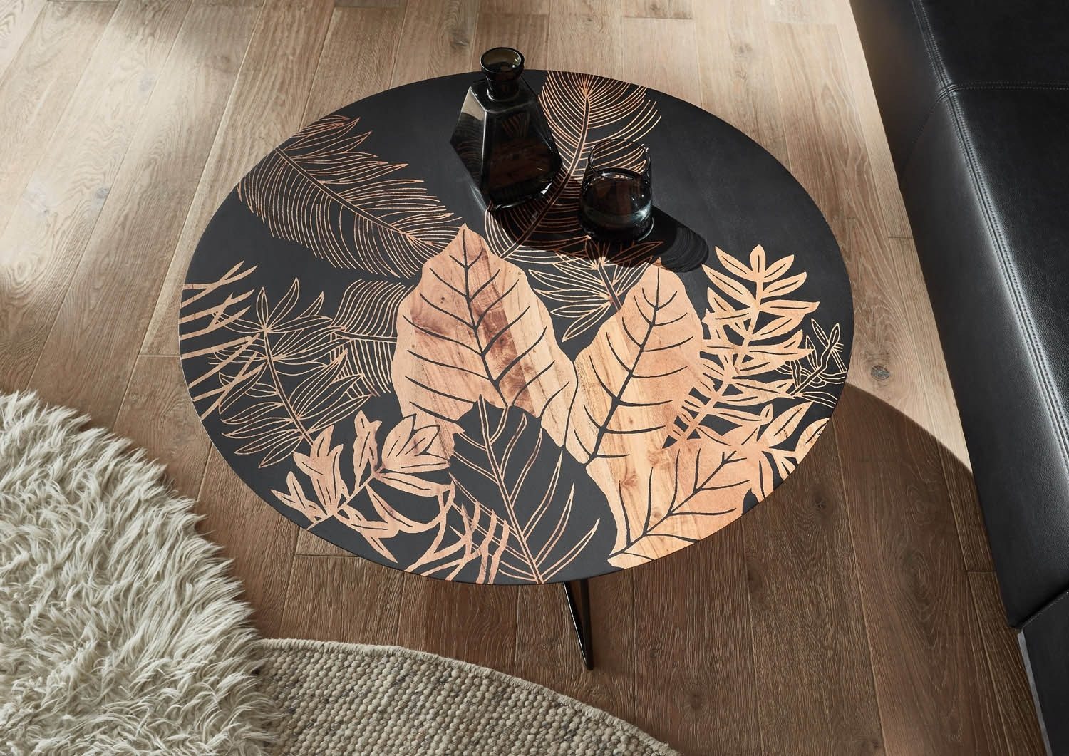 MCA furniture Beistelltisch MIRANDELA, Ø 55 x H 50 cm, Braun, Schwarz, Mangoholz massiv, Metallgestell, Motivdruck