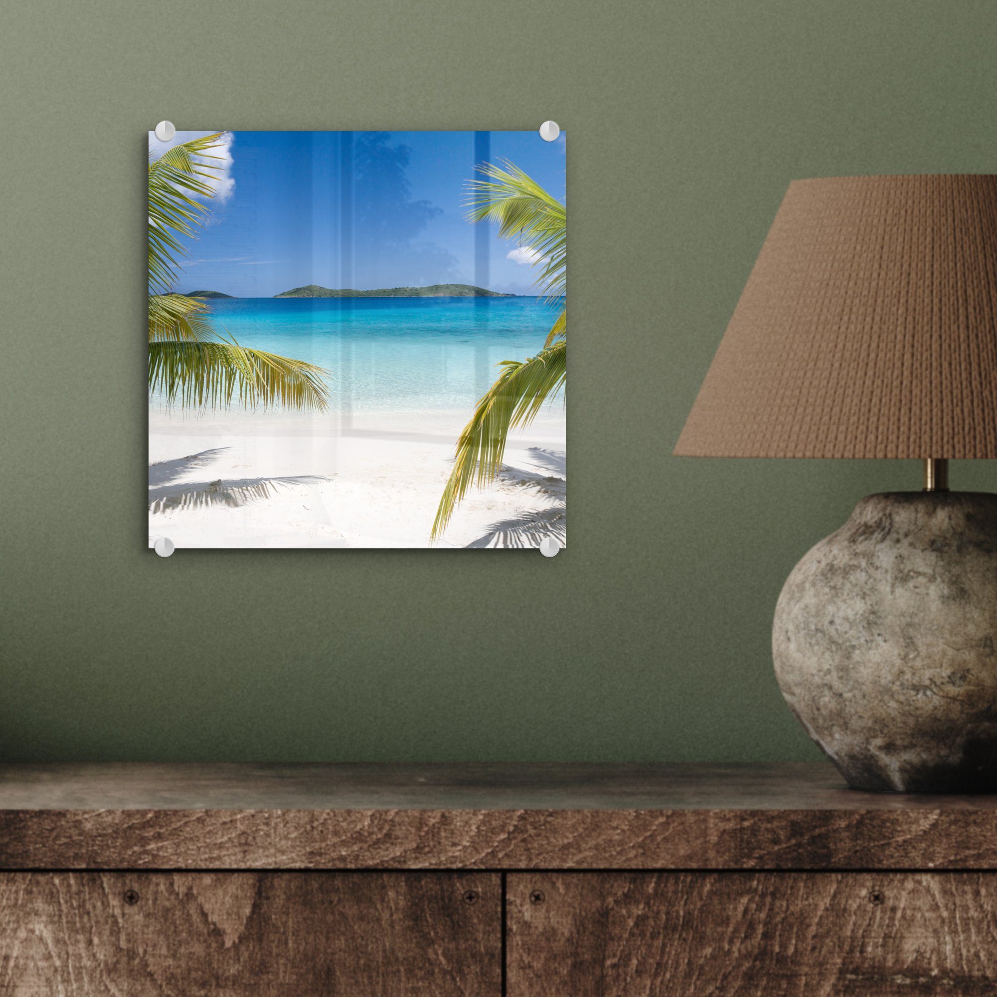 auf Strand Tropisch, auf Wanddekoration Acrylglasbild Glasbilder MuchoWow - Bilder Foto Glas - St), - Palmen Wandbild Glas - (1 -