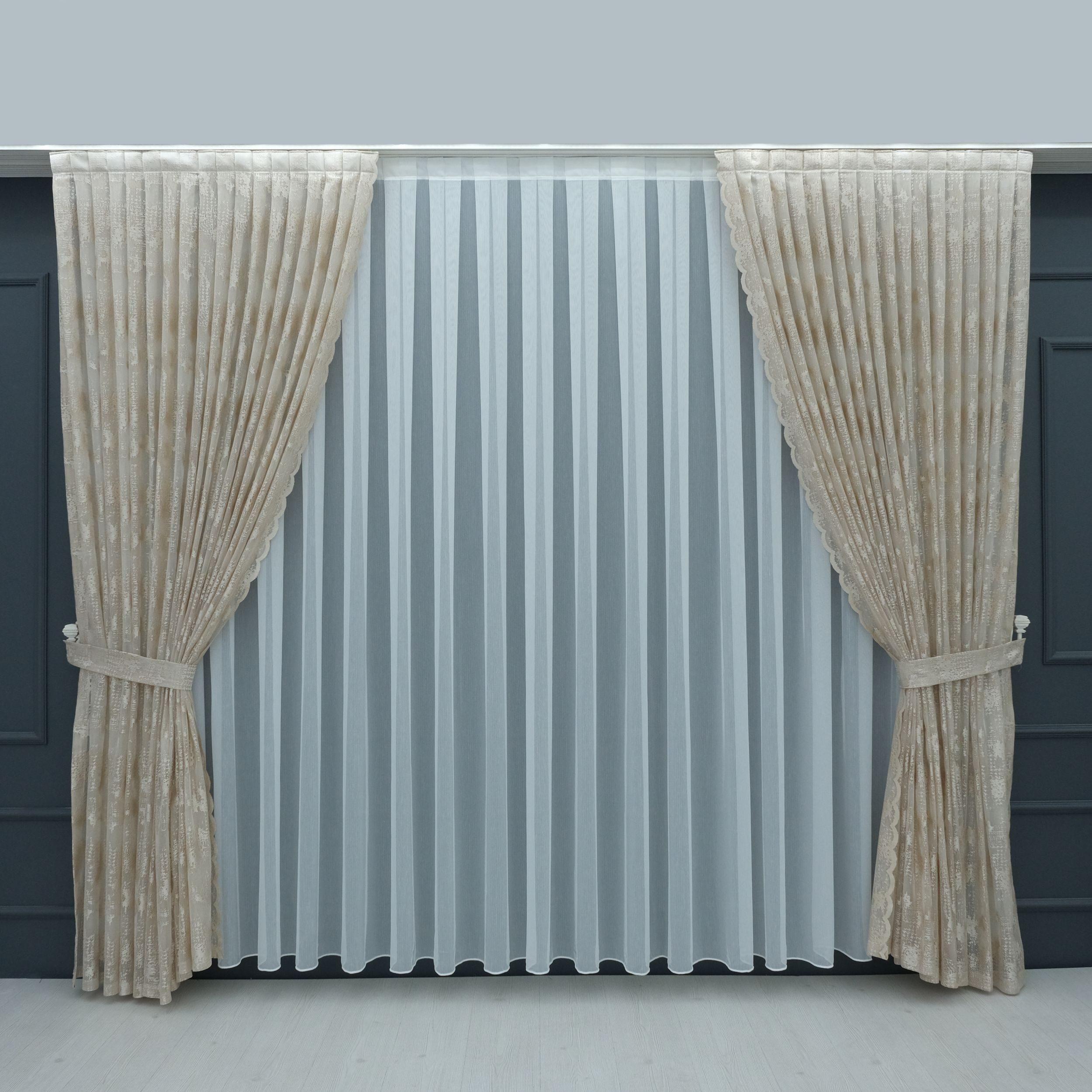 Gardinen by Justyna Vorhang Beige Gardine Komplett Set mit Weiße (5 St), Kräuselband, transparent, Polyester, Fertiggardine,Hochwertiggardine,Turkischegardine,Perde,Tüll