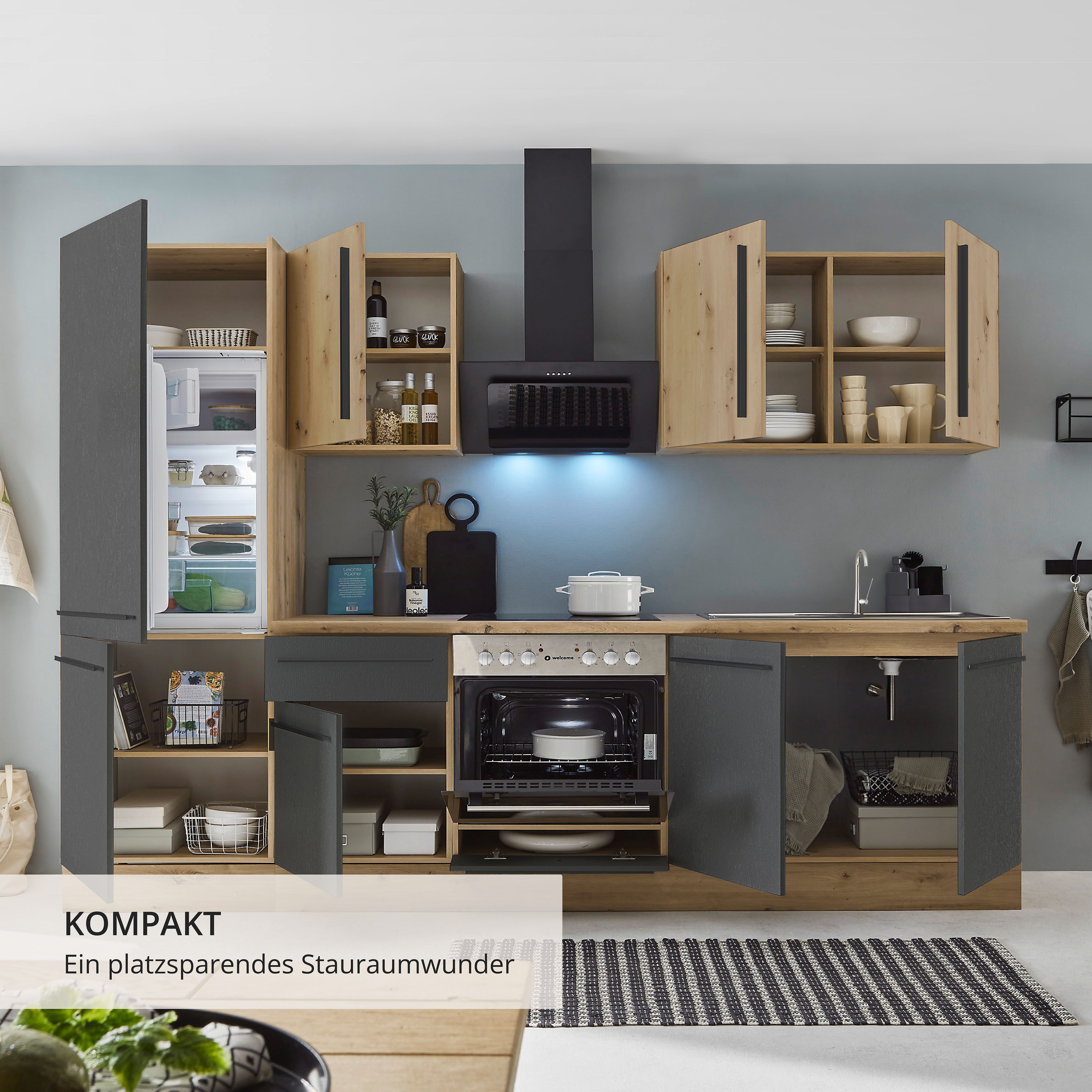 KOCHSTATION Küchenzeile KS-Florida mit 38mm starker Arbeitsplatte, Breite 270 cm, wahlweise mit E-Geräten, Soft-Close-Funktion