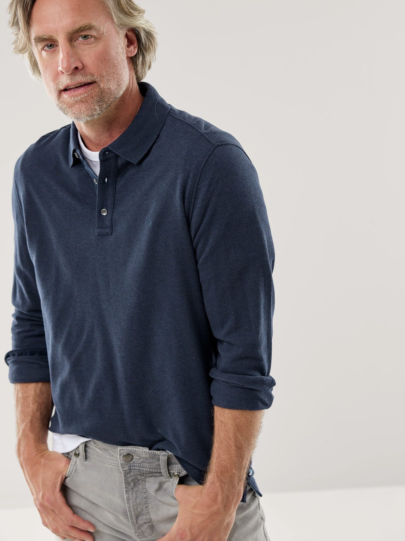 Walbusch Polokragenpullover Herren Merino Mix Polo Langarm Baumwolle Schurwolle Perlmuttknöpfe Pflegeleicht, melierte Optik, Cordbesätze, wärmend & weich