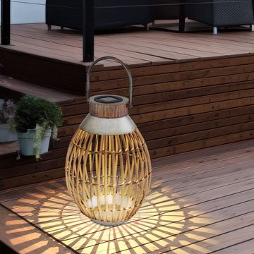 etc-shop Außen-Deckenleuchte, LED-Leuchtmittel fest verbaut, Warmweiß, Gartendeko Laterne Solar Windlicht für Außen, Bambusgeflecht