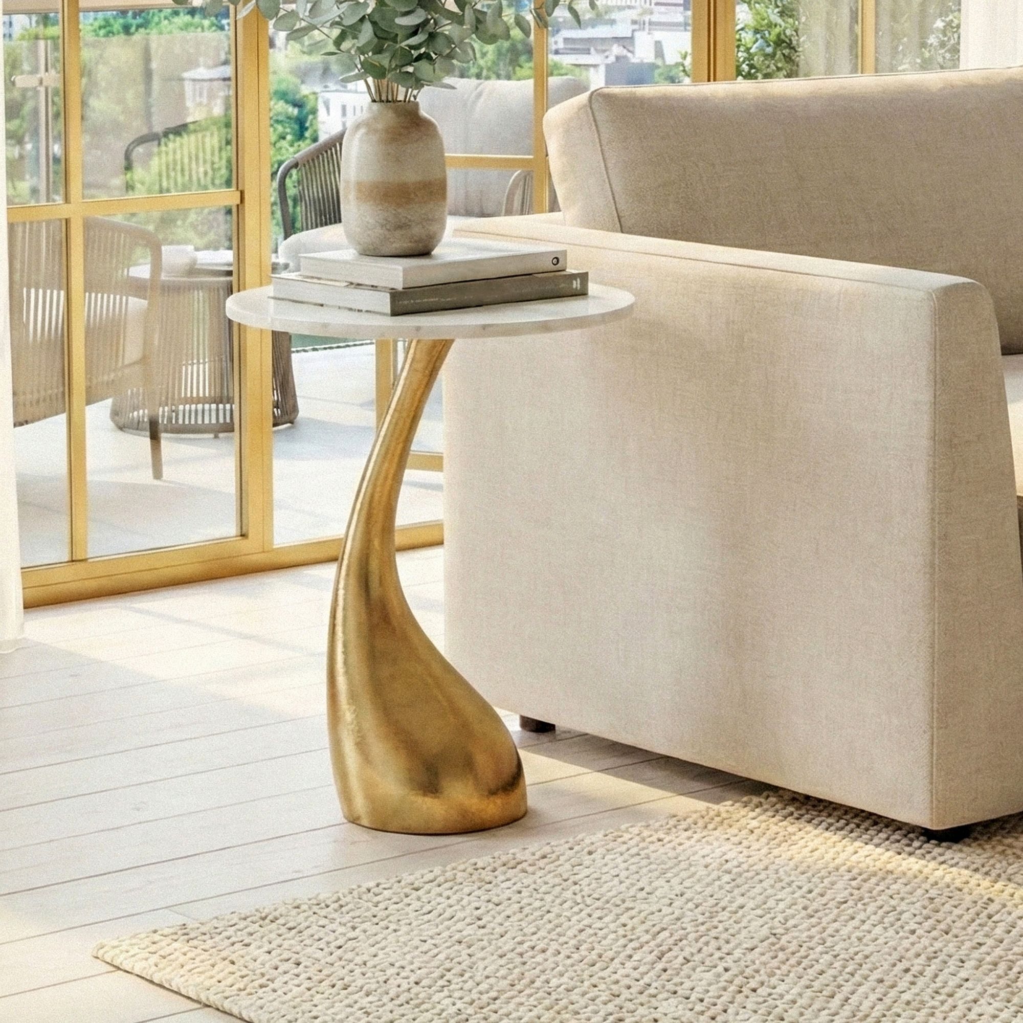 FINEBUY Beistelltisch FB116031 45cm Gold Marmor Sofatisch Couchtisch Wohnzimmertisch Alu (Elegante Form mit moderner Linienführung), Stilvoller Tisch als dekoratives Highlight