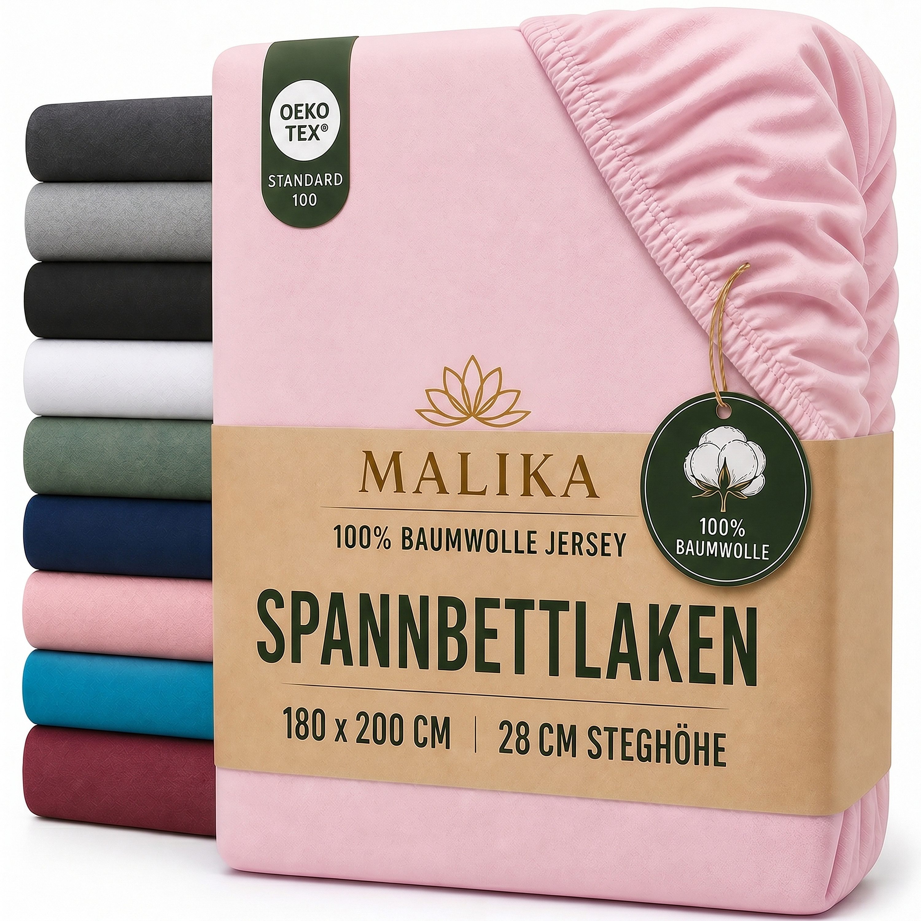 Malika Spannbettlaken aus 100% Baumwolle, 90-100x200, Rosa, Jersey Baumwolle, Gummizug: Ja, (1 Stück), Allergikergeeignet, Pflegeleicht und Atmungsaktiv