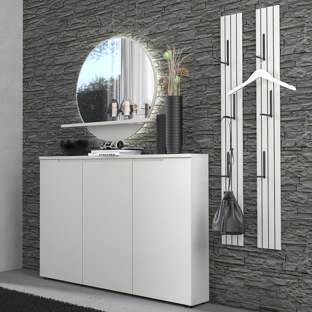 Lomadox Garderoben-Set BREDA-36, (Spar-Set, 4-St., Flurschrank Spiegel Ablage Garderobenpaneele), Grau hell Paneele mit Klapphaken Rillenoptik, inkl. Beleuchtung