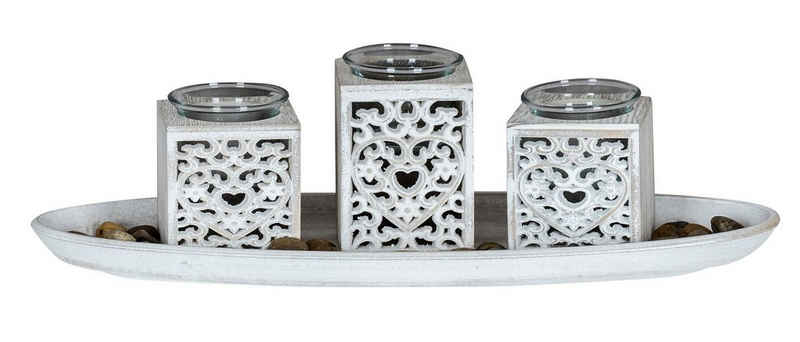 Levandeo® Teelichthalter mit Tablett, Teelichthalter Set B39cm Holztablett Herz Ornament Weiß Grau Shabby