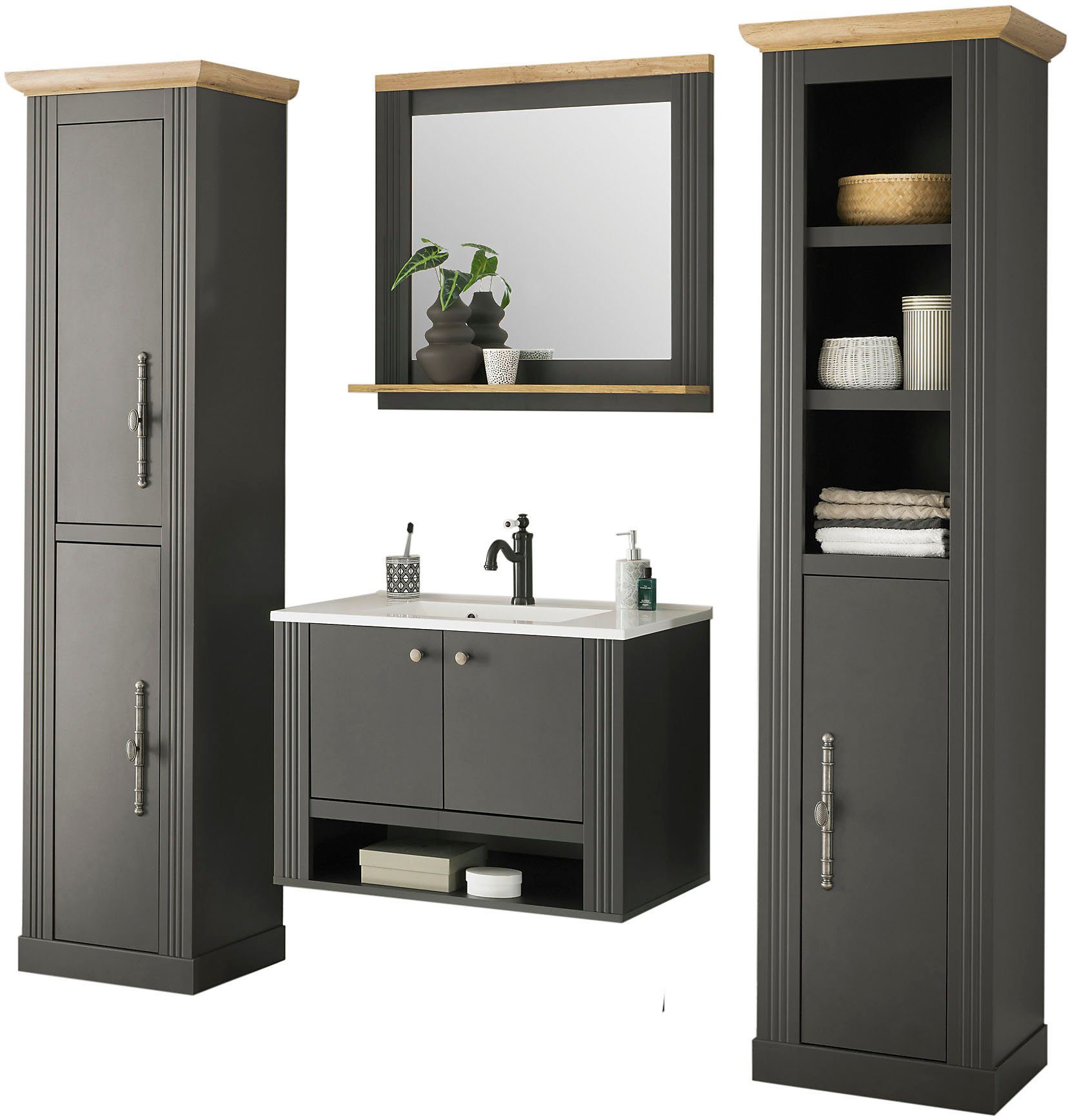 OTTO home Badmöbel-Set WESTMINSTER, Bad im Landhausstil, 4-teiliges Badezimmer, (4-St), Hänge-Waschtisch, Spiegel, 2 Hochschränke, in 2 Farben, Breite 220 cm