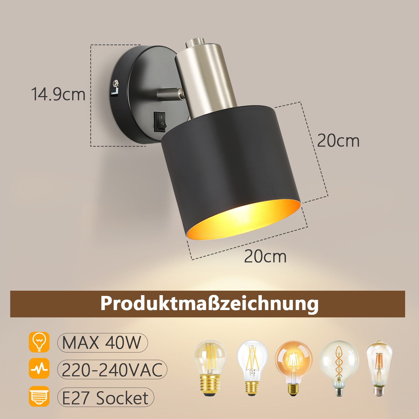ZMH Wandleuchte Innen Schwarz-Gold Wandstrahler Vintage E27 Metall Schlafzimmer Flur, Einfache Installation, ohne Leuchtmittel, Industrial Wandbeleuchtung mit Schlater 330° Schwenkbar
