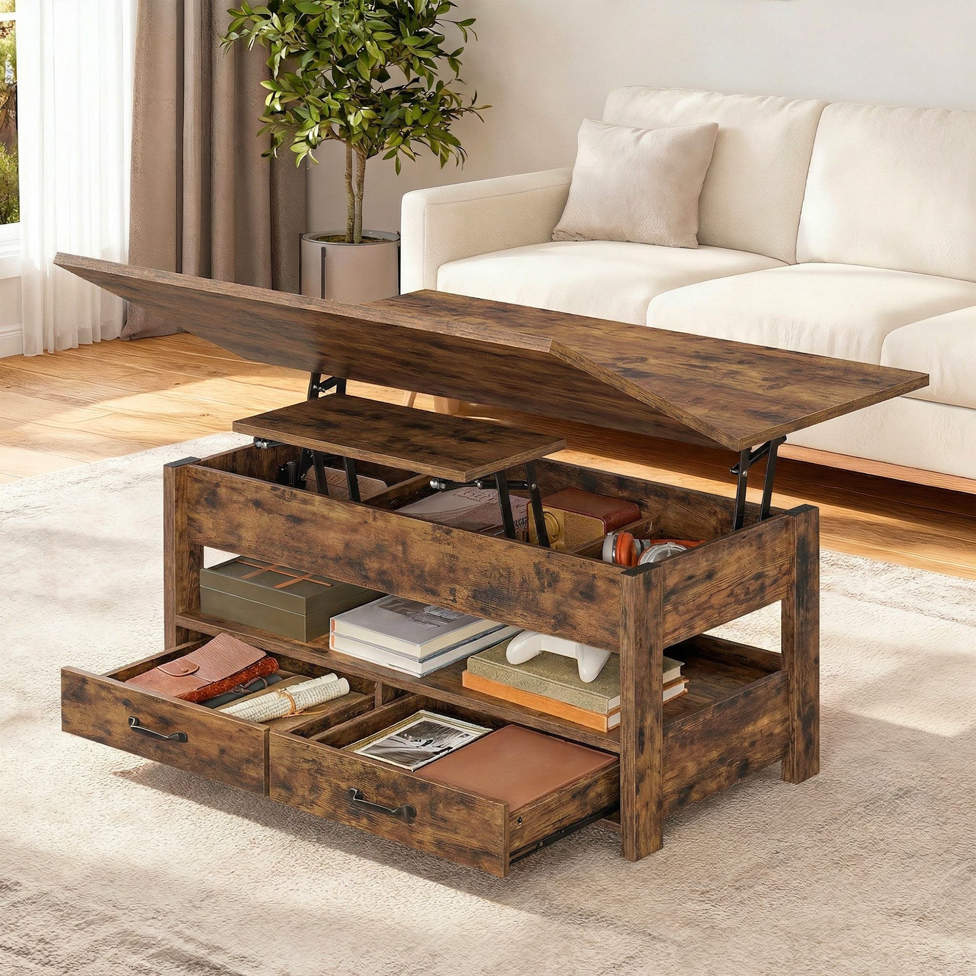 VASAGLE Couchtisch höhenverstellbar mit 2 hochklappbaren Tischplatten, Stauraum (multifunktional, inkl. Zubehörpaket & Anleitung), 2 Schubladen und Ablage, Wohnzimmertisch, braun