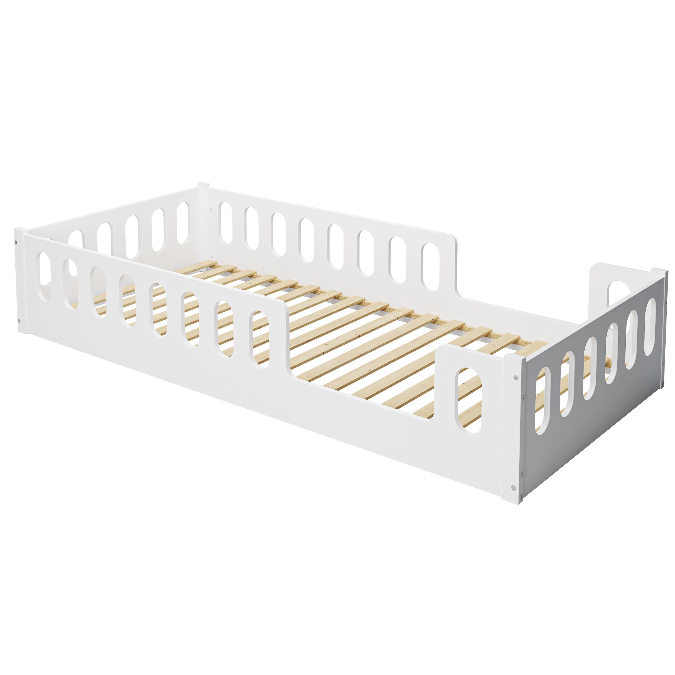 CADANI Kinderbett MONTE Bodenbett mit abnehmbaren Rausfallschutz - bis 200 kg belastbar (90x200 cm, Weiß, 2in1 Montessori Kinder- und Jugendbett), 2 Aufbauvarianten, barrierefrei umbaubar, Roll-Lattenrost, Made in EU