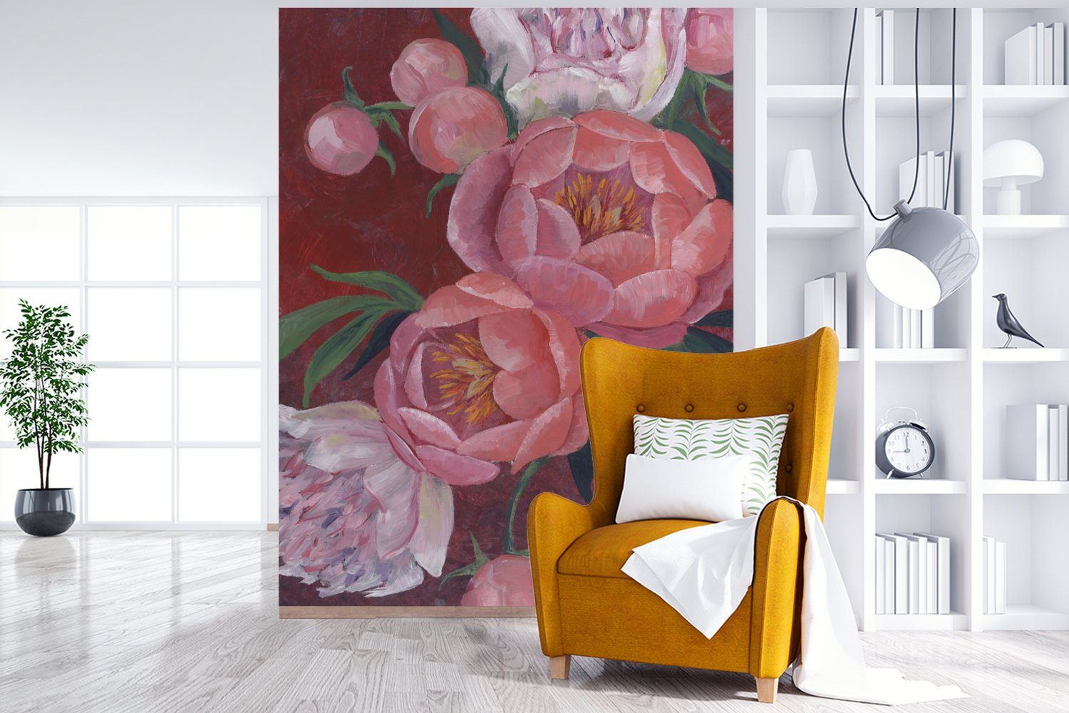 (4 Tapete MuchoWow Wohnzimmer, für Matt, - Fototapete Pflanzen, Malerei St), - Rosa Blumen bedruckt, Vinyl Montagefertig Wandtapete -