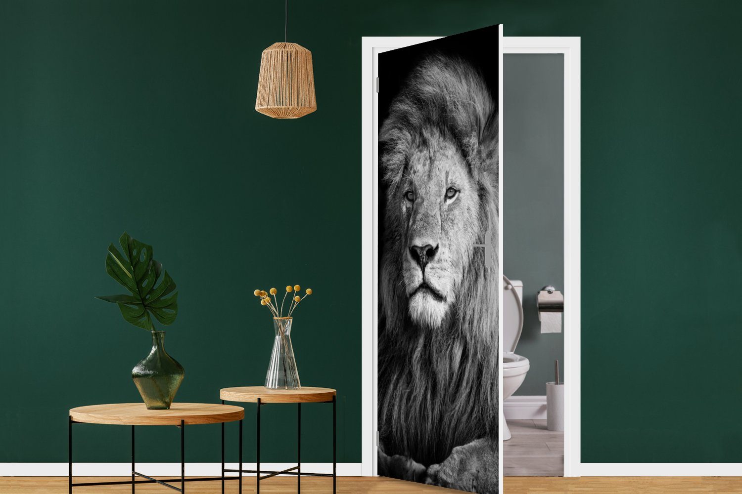 Tür, Fototapete bedruckt, Wildlife Weiß, für MuchoWow St), cm Türtapete - Türaufkleber, (1 Matt, - 75x205 Schwarz Löwe -