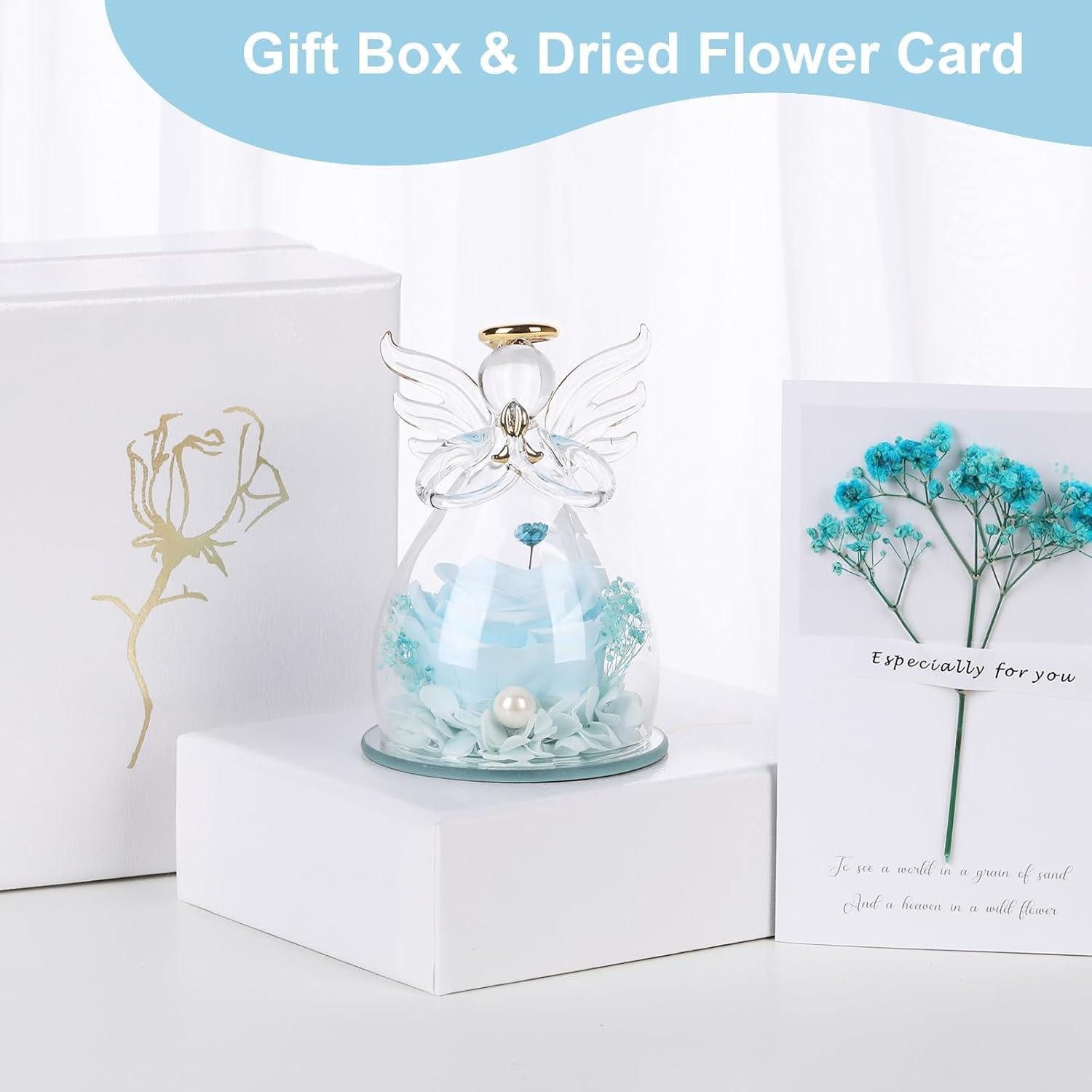 Trockenblume Geschenk Ewige Rose Glaskuppel Engelsfigur Muttertag Hellblau, LuxusKollektion