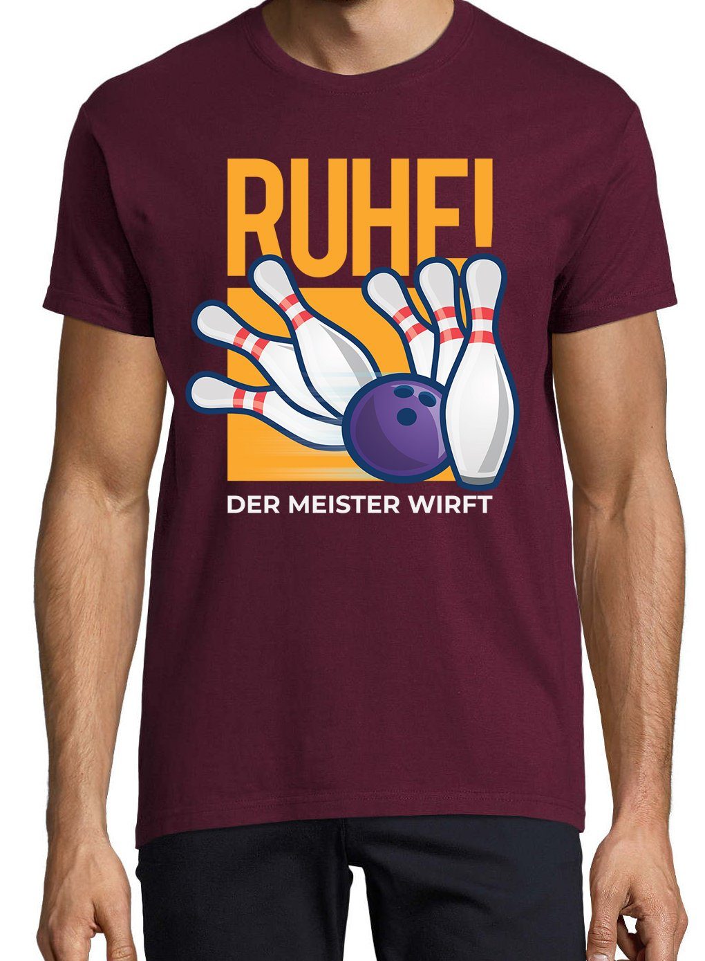 mit Frontprint Meister Bowling lustigem Wirft" "Ruhe, T-Shirt Burgund Shirt Der Herren Youth Designz