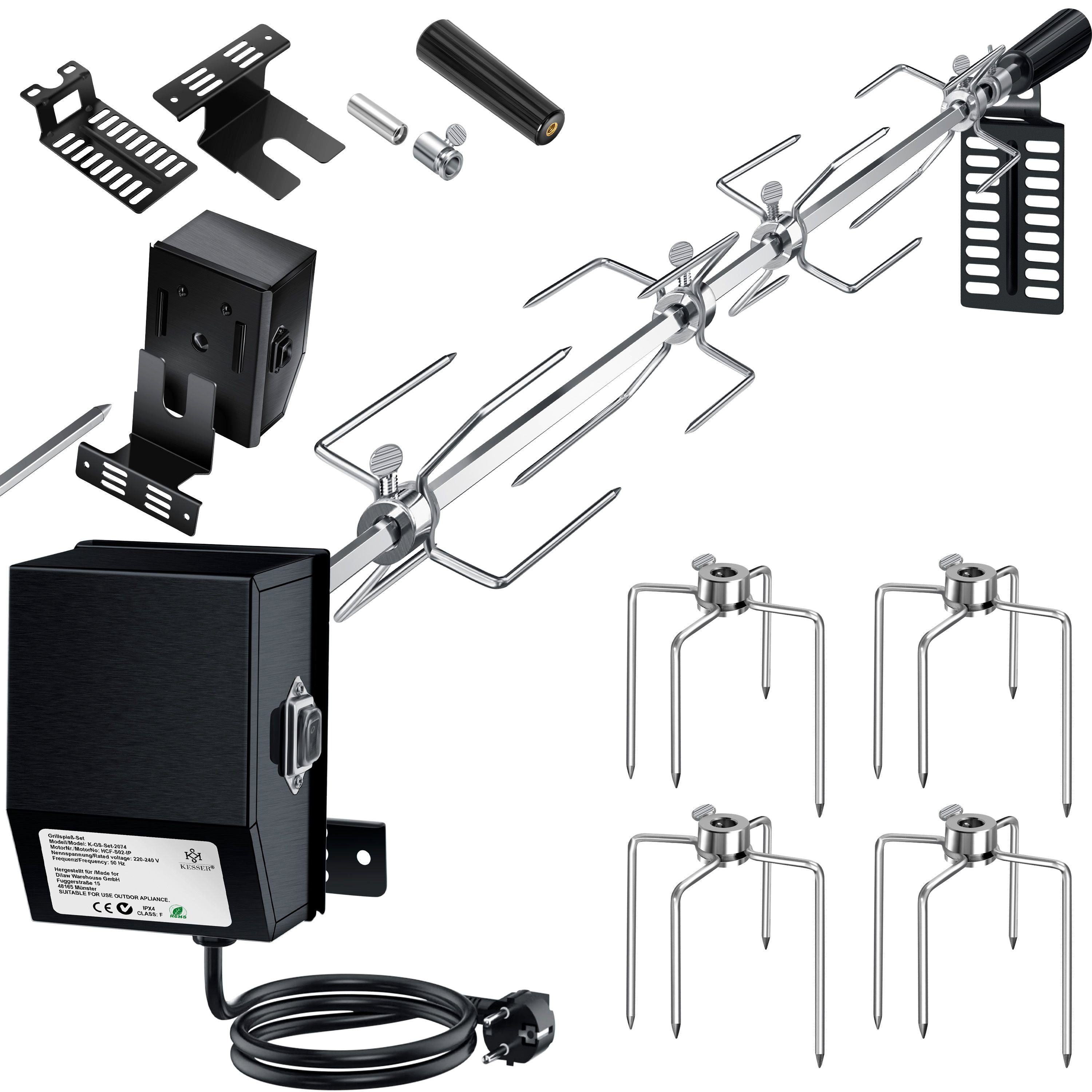 KESSER Grillspieß Set 116cm – Motor, 4 Fleischgabeln, bis 25kg Tragkraft, Für Gas-, Kohle- & Smokergrills, hitzefester Griff, ruckelfrei