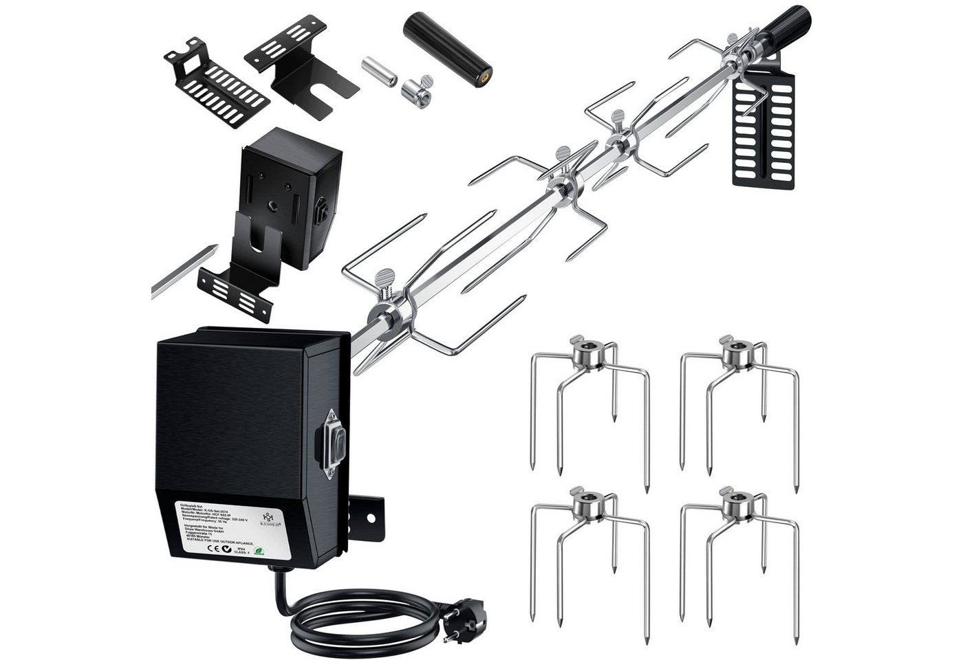 KESSER Grillspieß Set 116cm – Motor, 4 Fleischgabeln, bis 25kg Tragkraft, Für Gas-, Kohle- & Smokergrills, hitzefester Griff, ruckelfrei