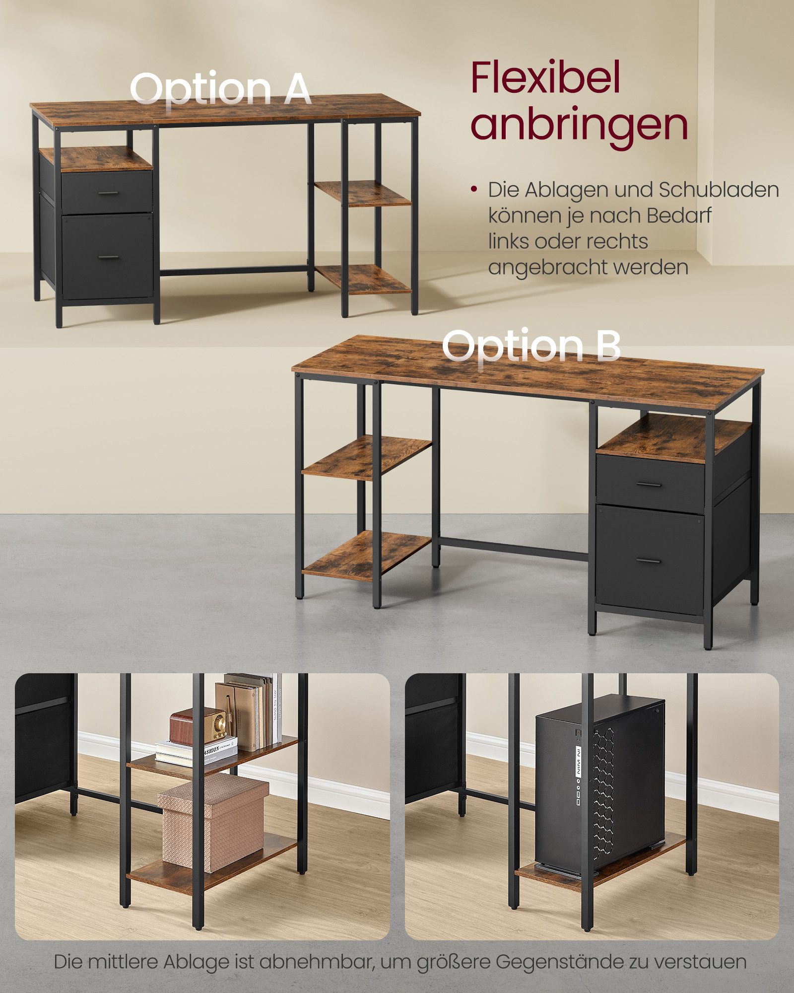 VASAGLE Schreibtisch Computertisch, Bürotisch, mit 3 Ablagen, 2 Schubladen, 140/160 cm
