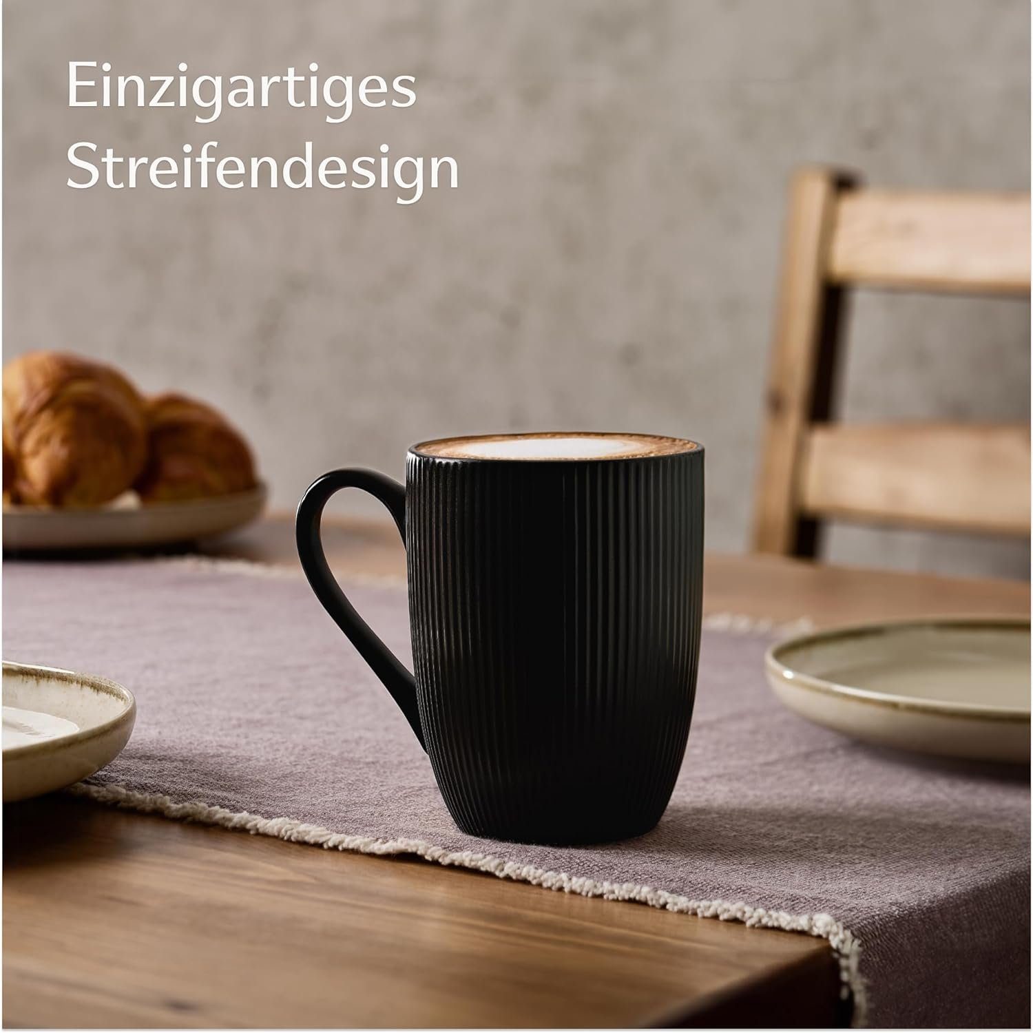 Cosumy Tasse Kaffeetassen 6er Set in Schwarz Matt 350ml - Streifenmuster - Keramik, 6-tlg., Keramik, Auch als Teebecher, Teetasse, Lungo Tasse - Mit Streifenmuster