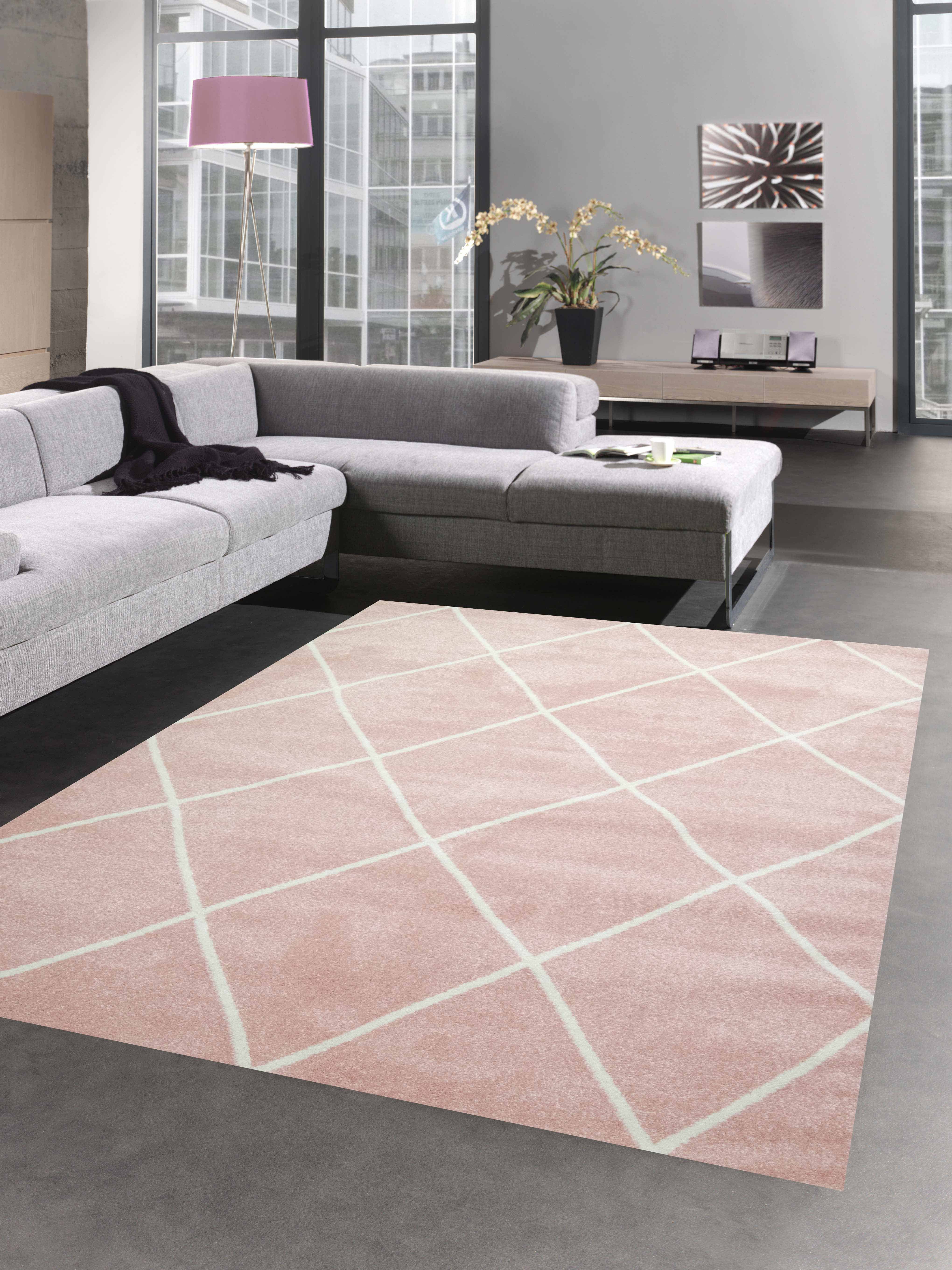 Teppich Skandinavischer Teppich Wohnzimmer Rautenmuster Weiß Creme Rosa  pflegeleicht, Carpetia, rechteckig, Höhe: 8 mm | Kurzflor-Teppiche