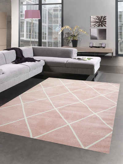 Teppich Skandinavischer Teppich Wohnzimmer Rautenmuster Weiß Creme Rosa pflegeleicht, Carpetia, rechteckig, Höhe: 8 mm