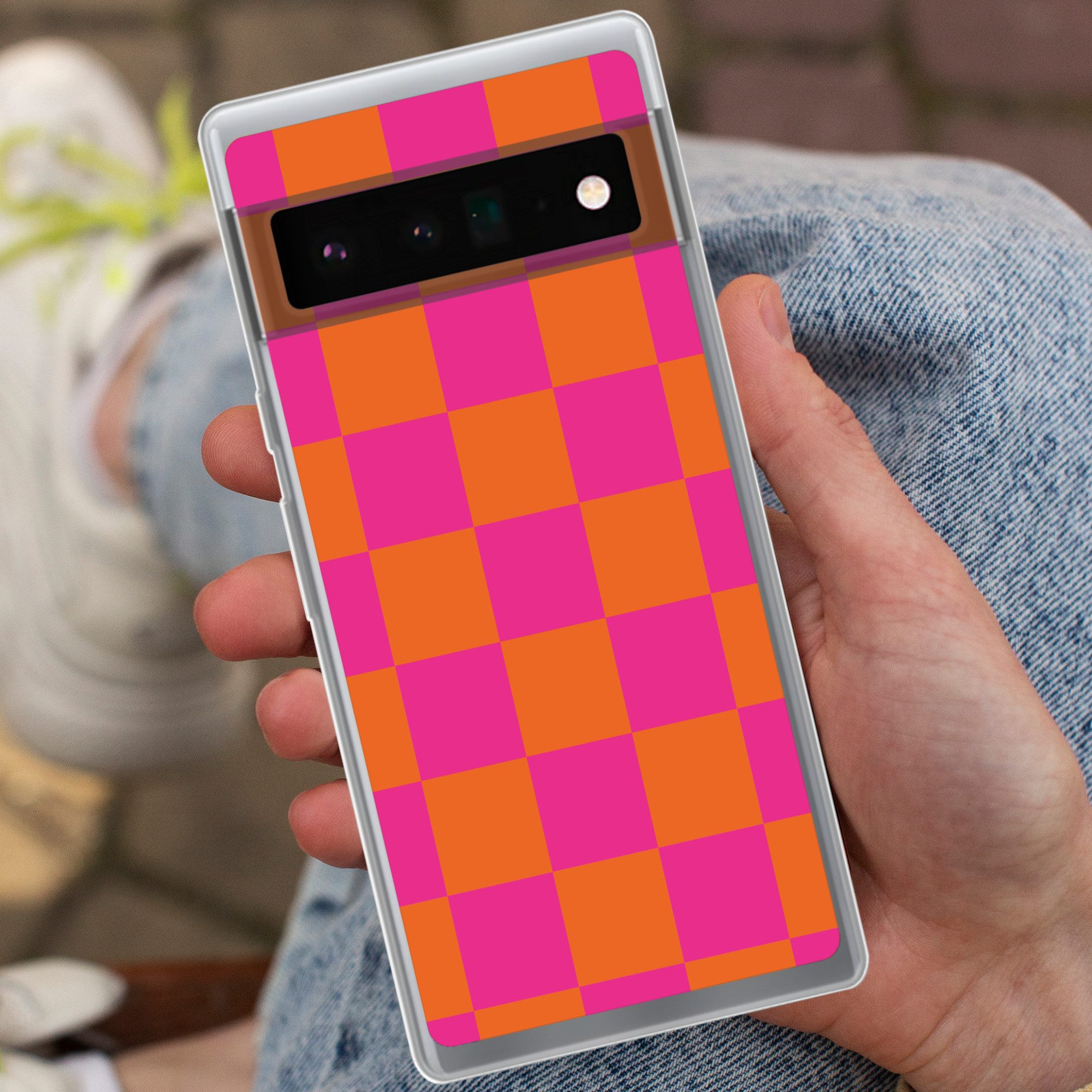 MuchoWow Handyhülle für Google Pixel 6 Pro Schachbrettmuster - Orange - Rosa - Blöcke, Handy Case, Silikon, Bumper Case Dünn
