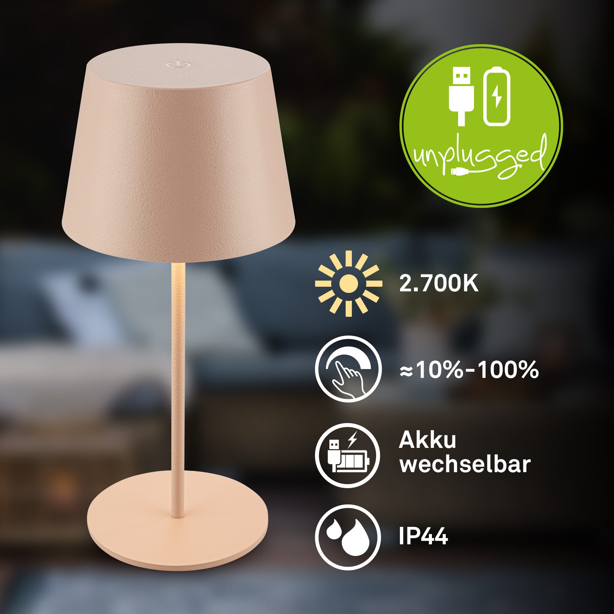 Briloner Leuchten Tischleuchte LED Tischlampe kabellos akku dimmbar In-/Outdoor Wohnzimmer, Einzelpack, LED fest integriert, 3.000K - Warmweiß, mit Akku, In-/Outdoor, USB-C, warmweiß, IP44, weiß, 35 cm