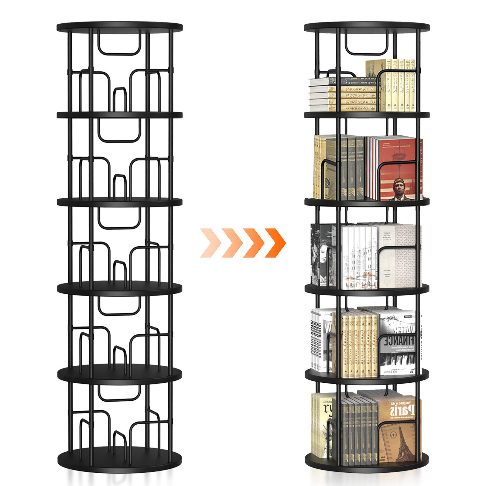 XERSEK Bücherregal 5 Ebenen 360° Drehbares Bookshelf Bodenstehendes Bücherschrank, 1.6m Aufbewahrungsregal Eckregal Spielzeugregal, für Kinderzimmer Wohnzimmer Schlafzimmer Büro Aufbewahrung