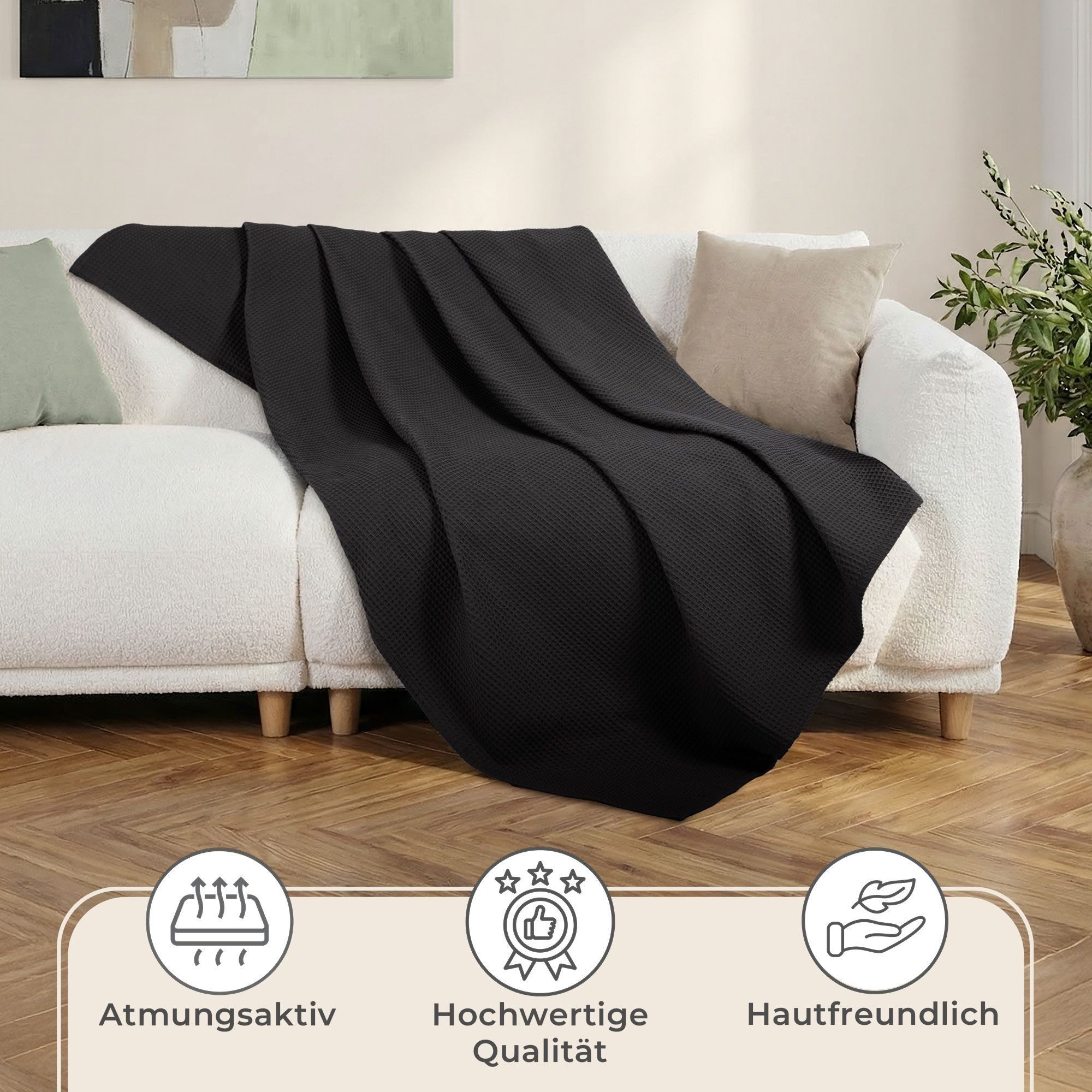 Laynenburg Tagesdecke Waffelpique aus 100% Baumwolle – Baumwolldecke, Kuscheldecke, Wohndecke als Sommerdecke, Bett-Überwurf, Couch-Überwurf, Sofa-Decke – Bild 5 von 5