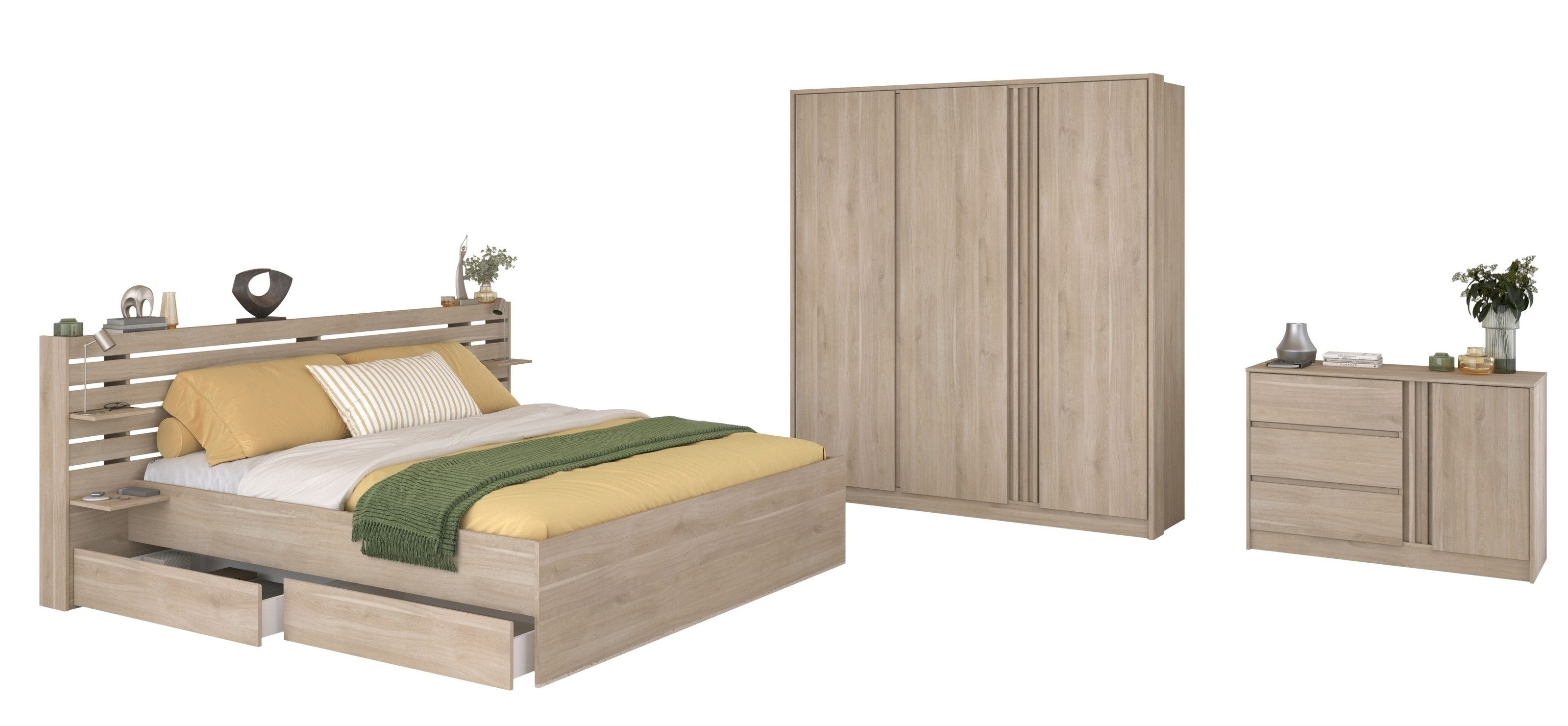 Parisot Schlafzimmer-Set Escale 22, Bett, Kleiderschrank, Kommode, in Japanische Eiche Nachbildung