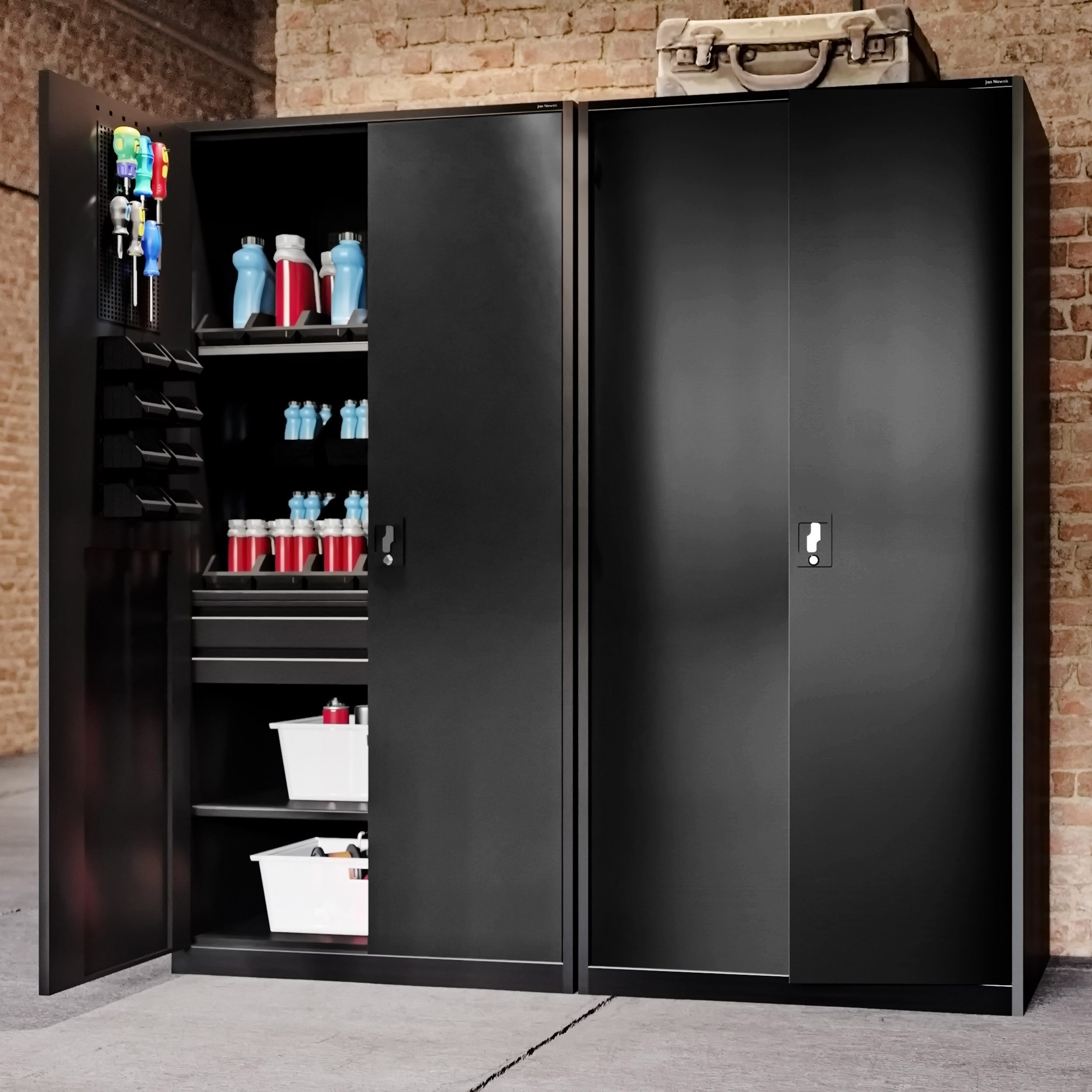 Jan Nowak Werkzeugschrank Metall Werkstattschrank SZYMON 92 cm 3 Böden 2 Schubladen (1,1 mm 185 x 92 x 50 cm Lochabstand 27 mm 120 kg PZH) Werkzeugaufbewahrung abschließbar Lochwand 185 cm hoch PZH