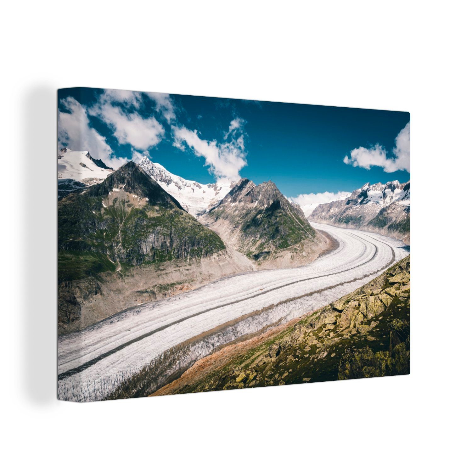 OneMillionCanvasses® Leinwandbild Der europäische Aletschgletscher mit blauem Himmel und Wolken im, (1 St), Wandbild Leinwandbilder, Aufhängefertig, Wanddeko, 30x20 cm