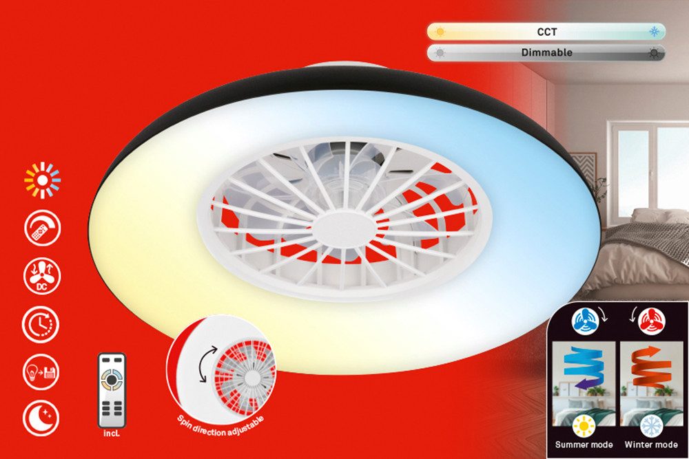 Briloner Leuchten LED Deckenleuchte WINDORA Deckenventilator, CCT - über Fernbedienung, LED fest integriert, 48,5 x 16 cm (DxH), Schlafzimmer, Wohnzimmer, Esszimmer, Flur, Küche