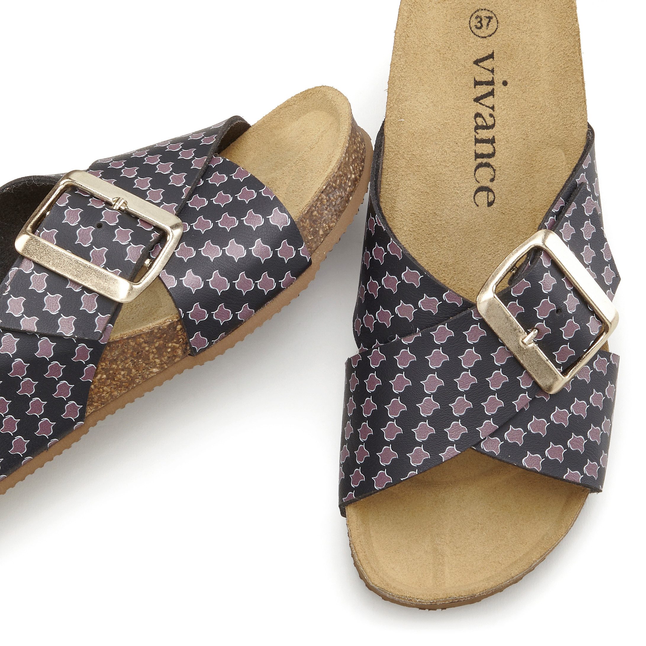 Vivance Sandale, Mule, offener Schuh Pantolette mit Komfortkorkfußbett aus Leder, Keilabsatz und Print