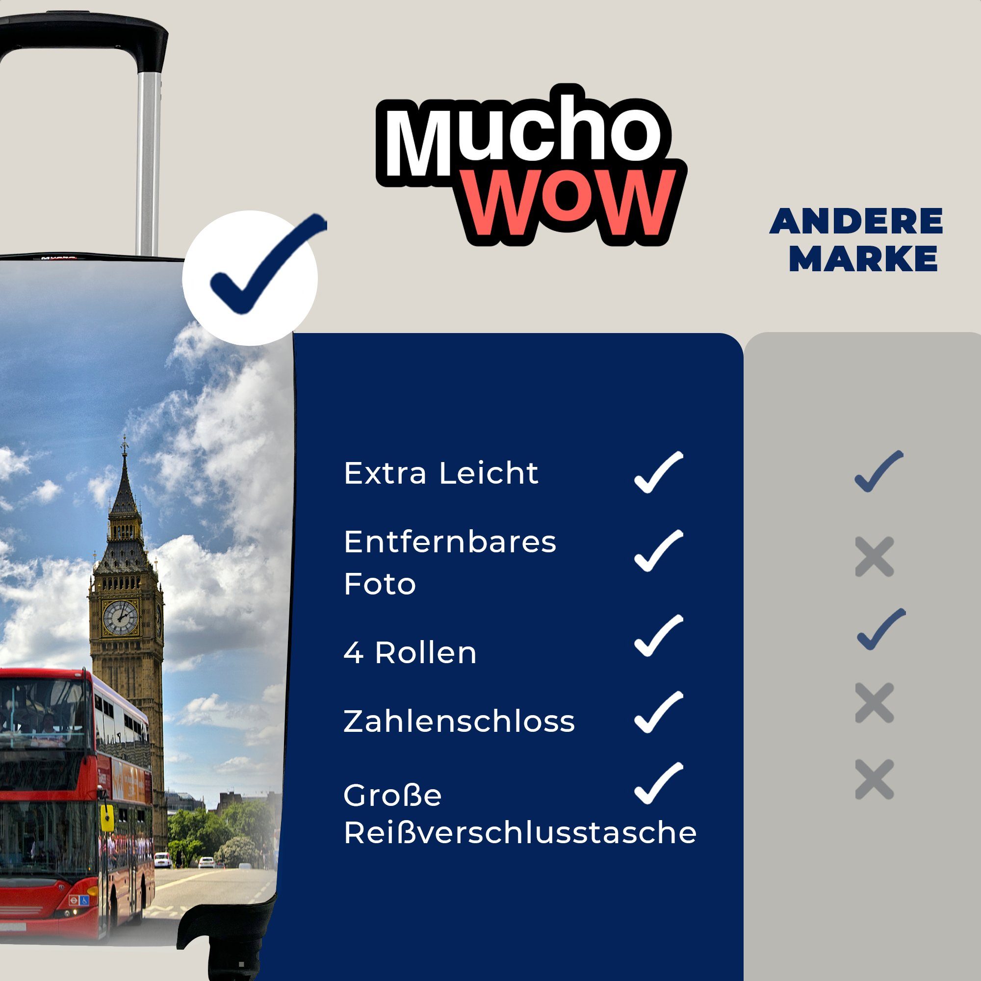 MuchoWow Handgepäckkoffer Ein London, Trolley, Ferien, für Handgepäck 4 Rollen, Bus roter in rollen, mit mitten Reisekoffer Reisetasche