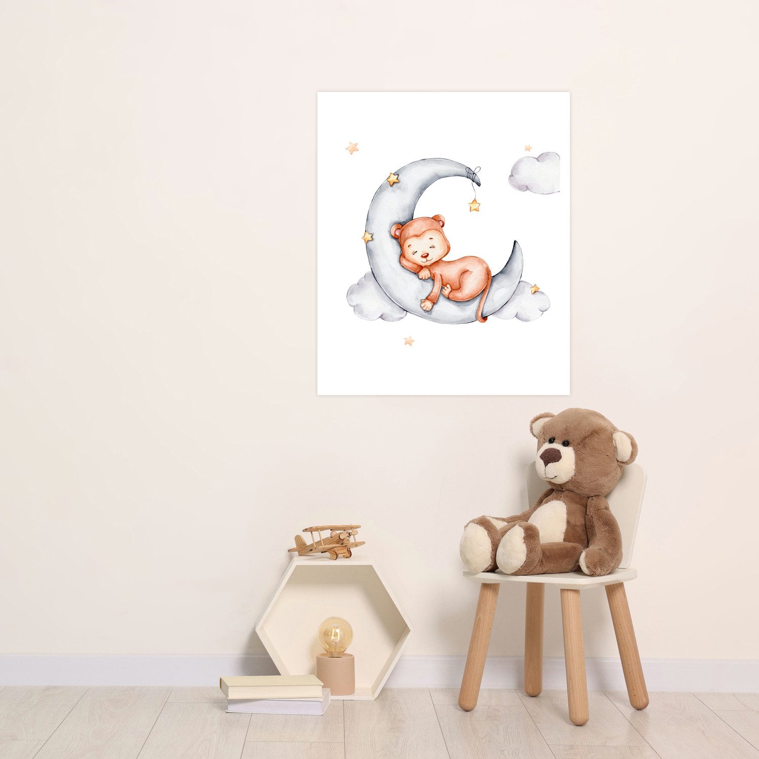 Lüttenhütt Bild mit Rahmen oder Poster, Schlafender Affe auf Mond mit Sternen, Affen, Affenbilder, Fantasy, Tiere (1 St), HD Premium Druck